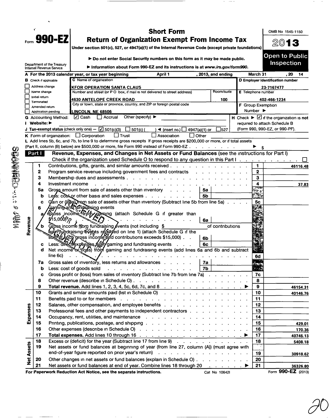 Image of first page of 2013 Form 990EZ for Operation Santa Claus