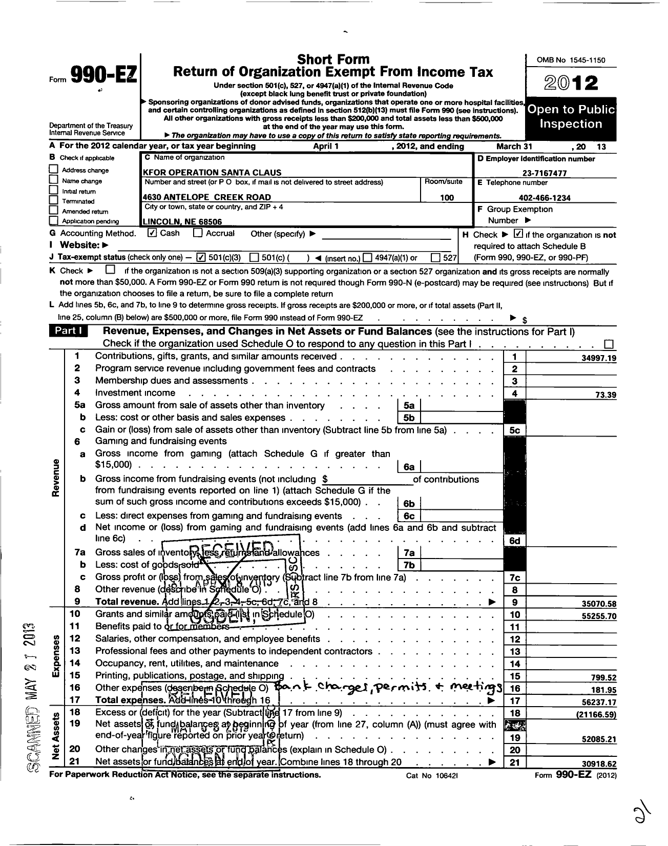 Image of first page of 2012 Form 990EZ for Operation Santa Claus