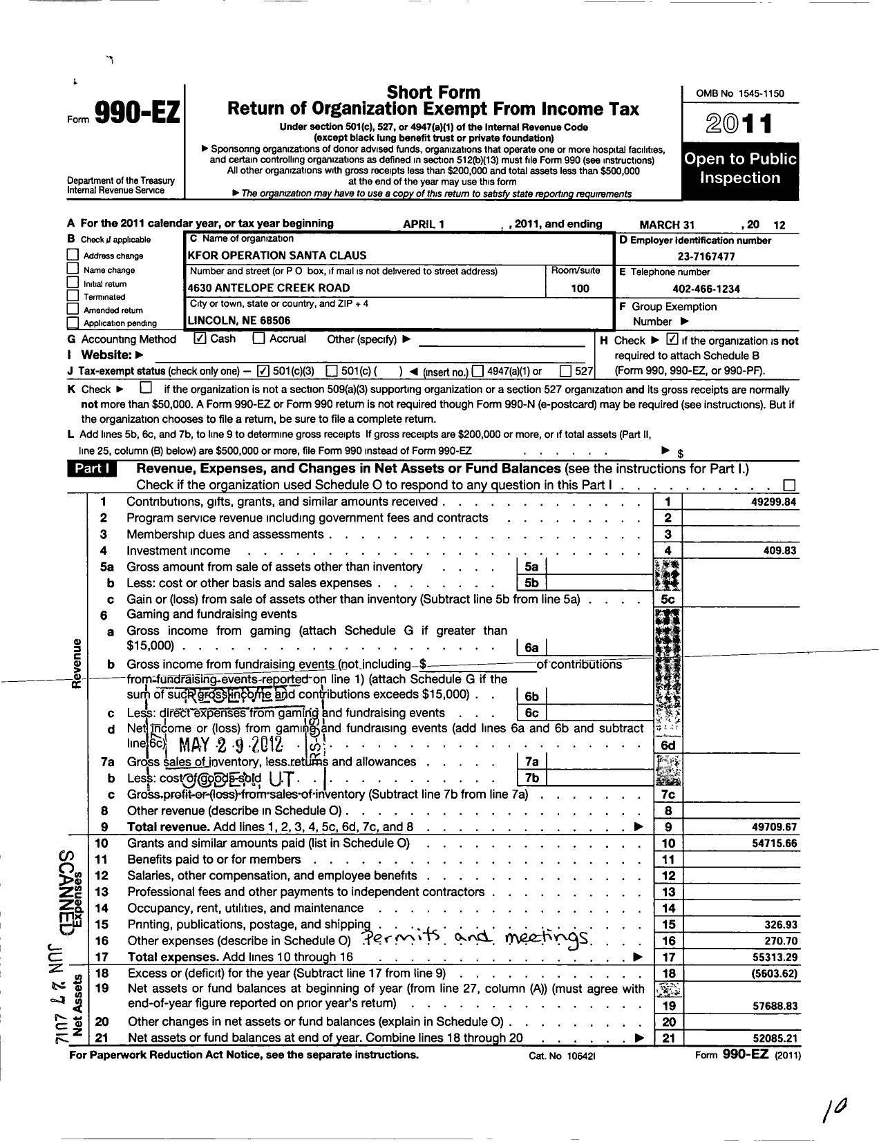 Image of first page of 2011 Form 990EZ for Operation Santa Claus