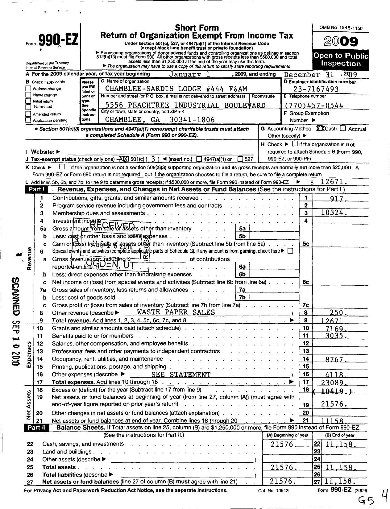 Image of first page of 2009 Form 990EZ for Chamblee-Sardis Lodge No 444