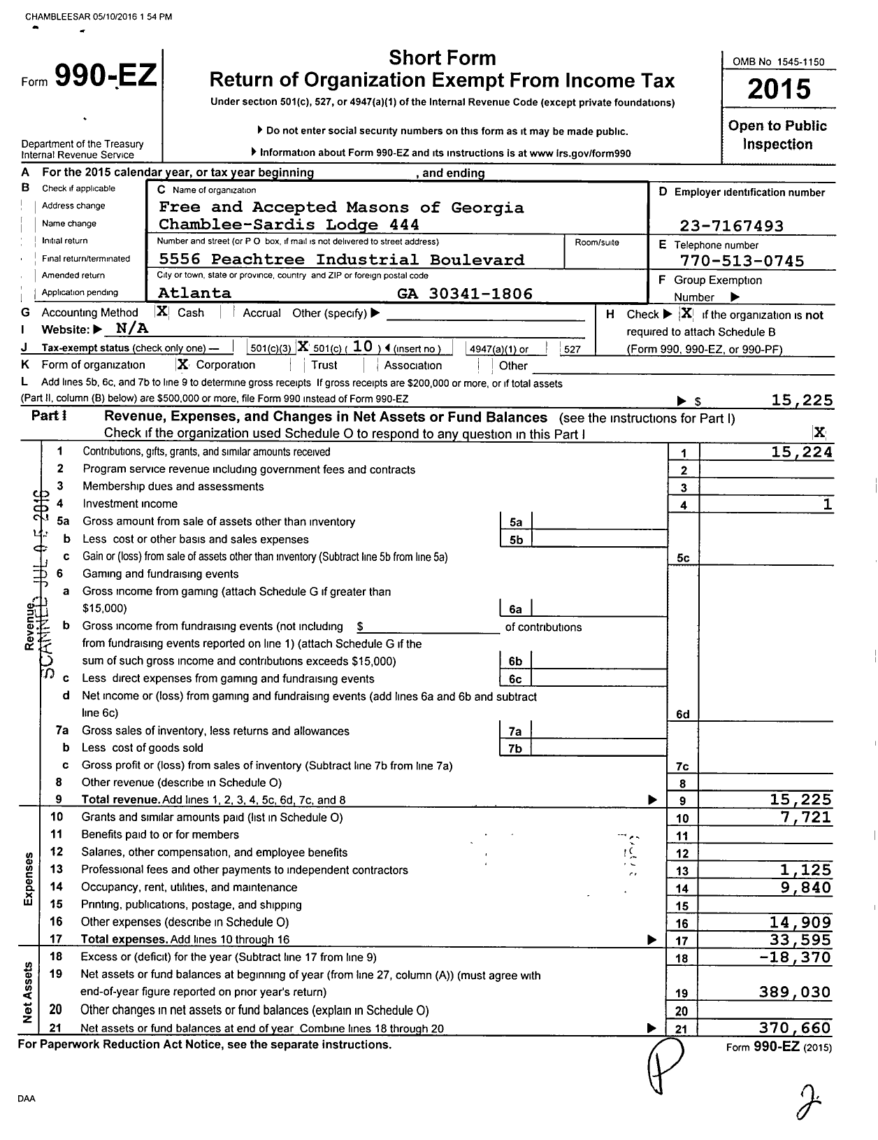 Image of first page of 2015 Form 990EO for Chamblee-Sardis Lodge No 444