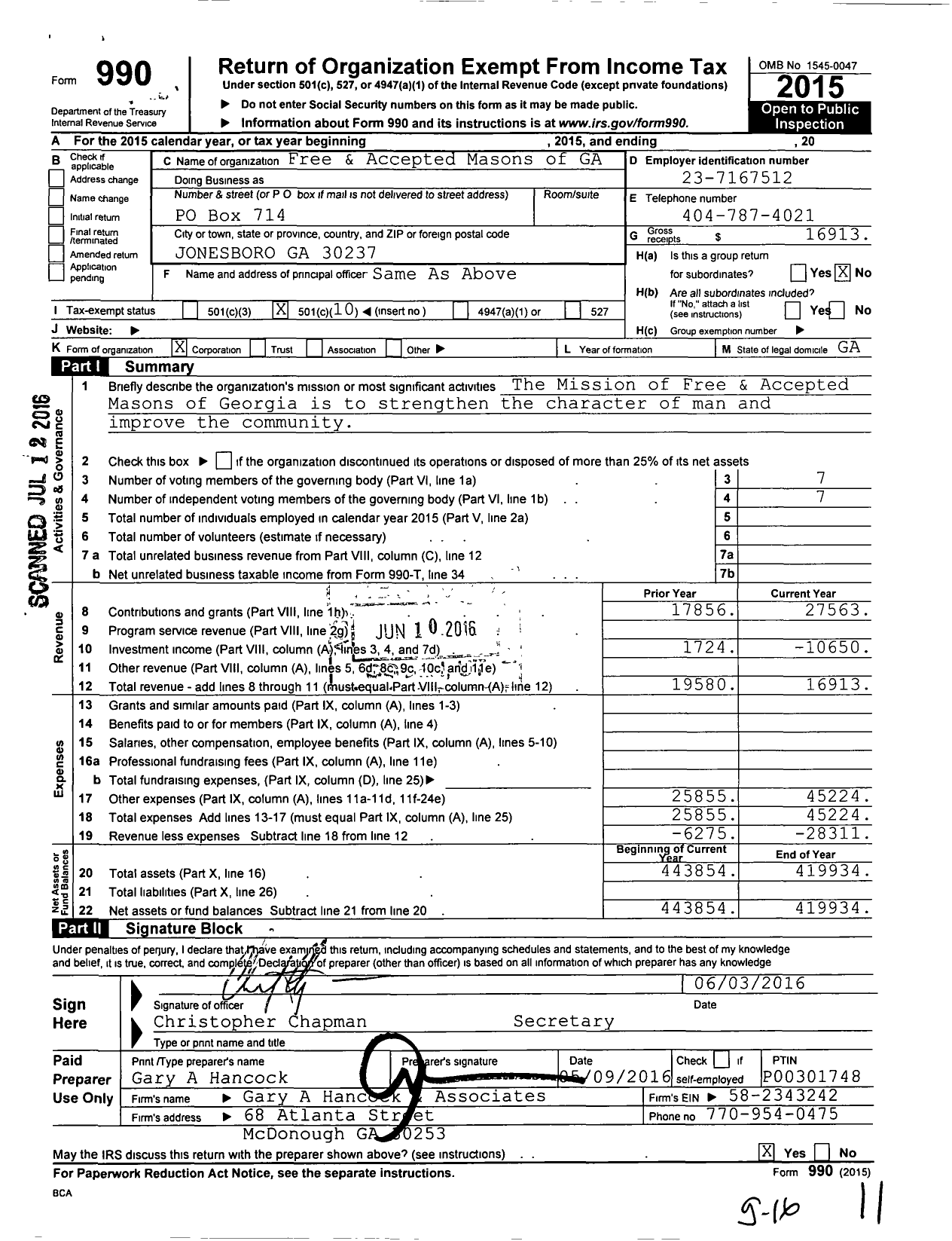 Image of first page of 2015 Form 990O for Free & Accepted Masons of Georgia - 87 Jonesboro