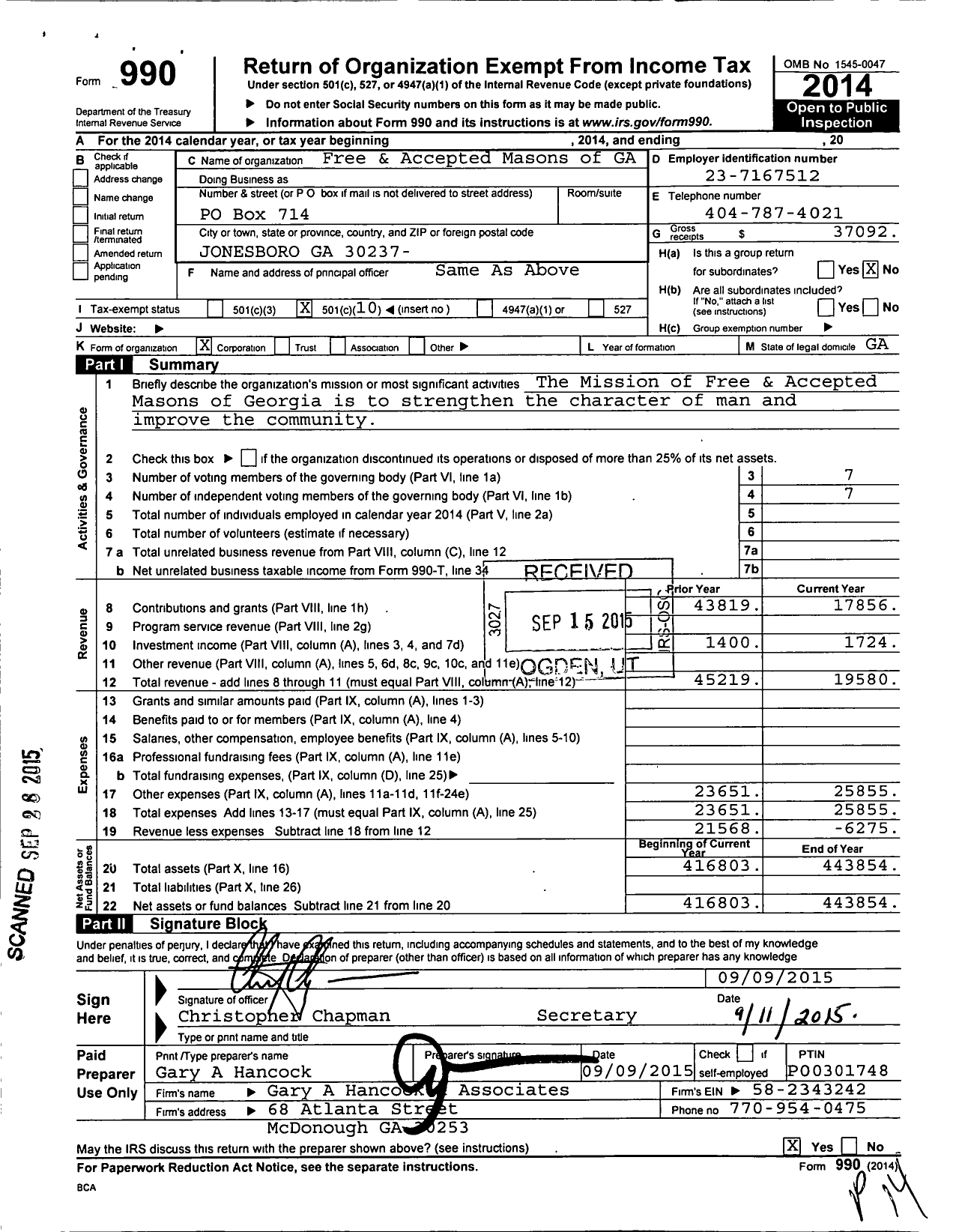 Image of first page of 2014 Form 990O for Free & Accepted Masons of Georgia - 87 Jonesboro