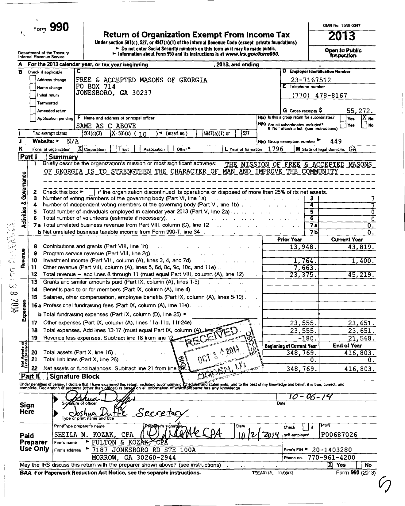 Image of first page of 2013 Form 990O for Free & Accepted Masons of Georgia - 87 Jonesboro