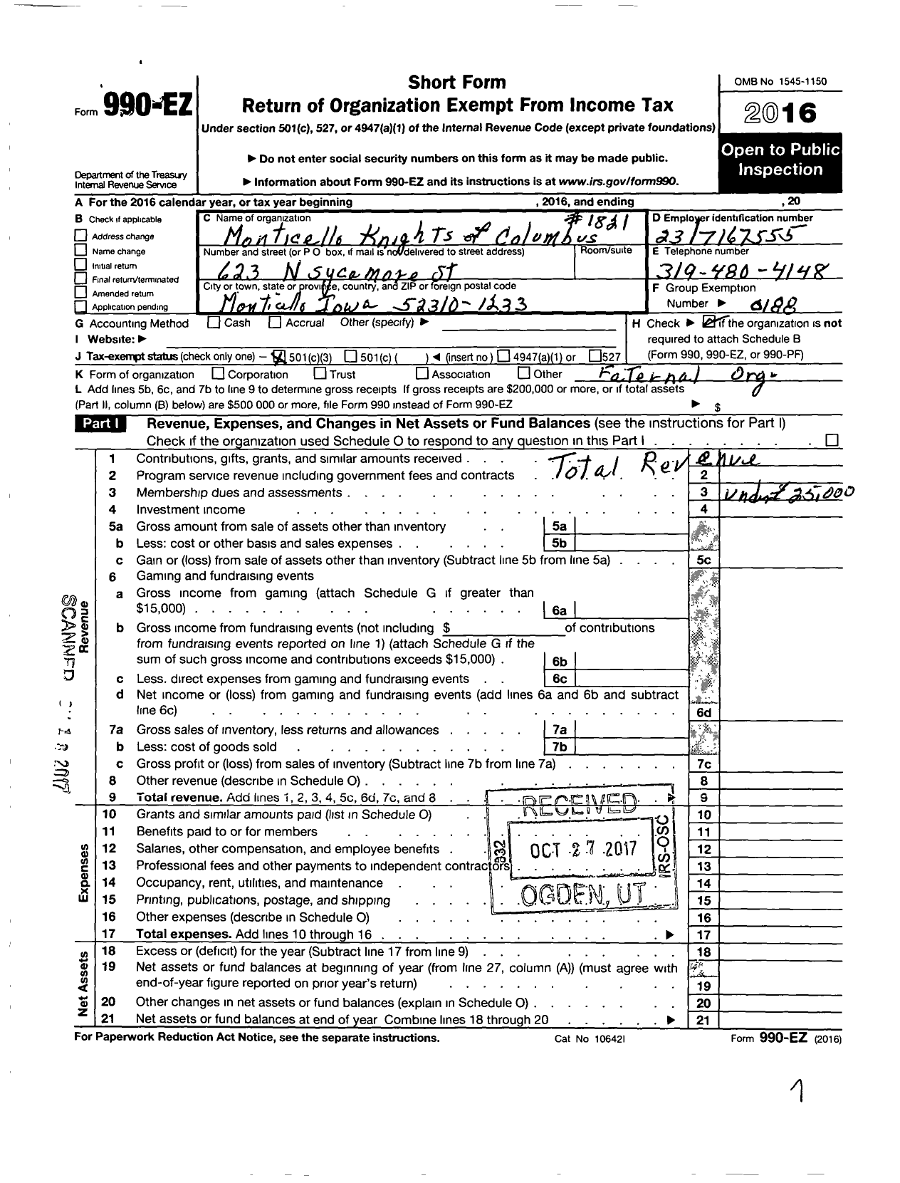 Image of first page of 2016 Form 990EZ for Knights of Columbus / 1821 Monticello Council