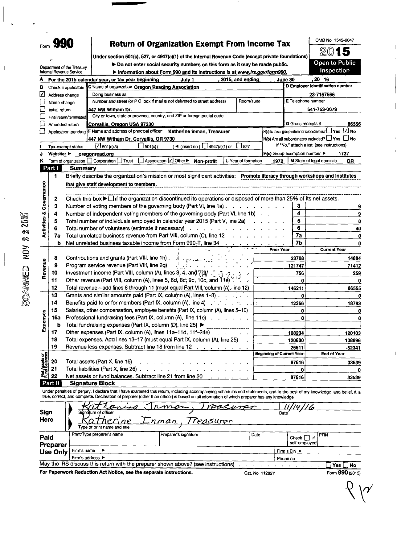 Image of first page of 2015 Form 990 for Oregon Reading Association