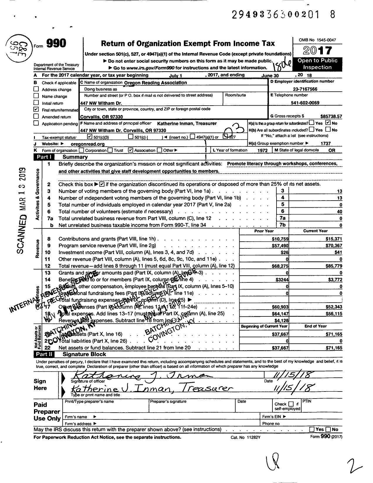 Image of first page of 2017 Form 990 for Oregon Reading Association