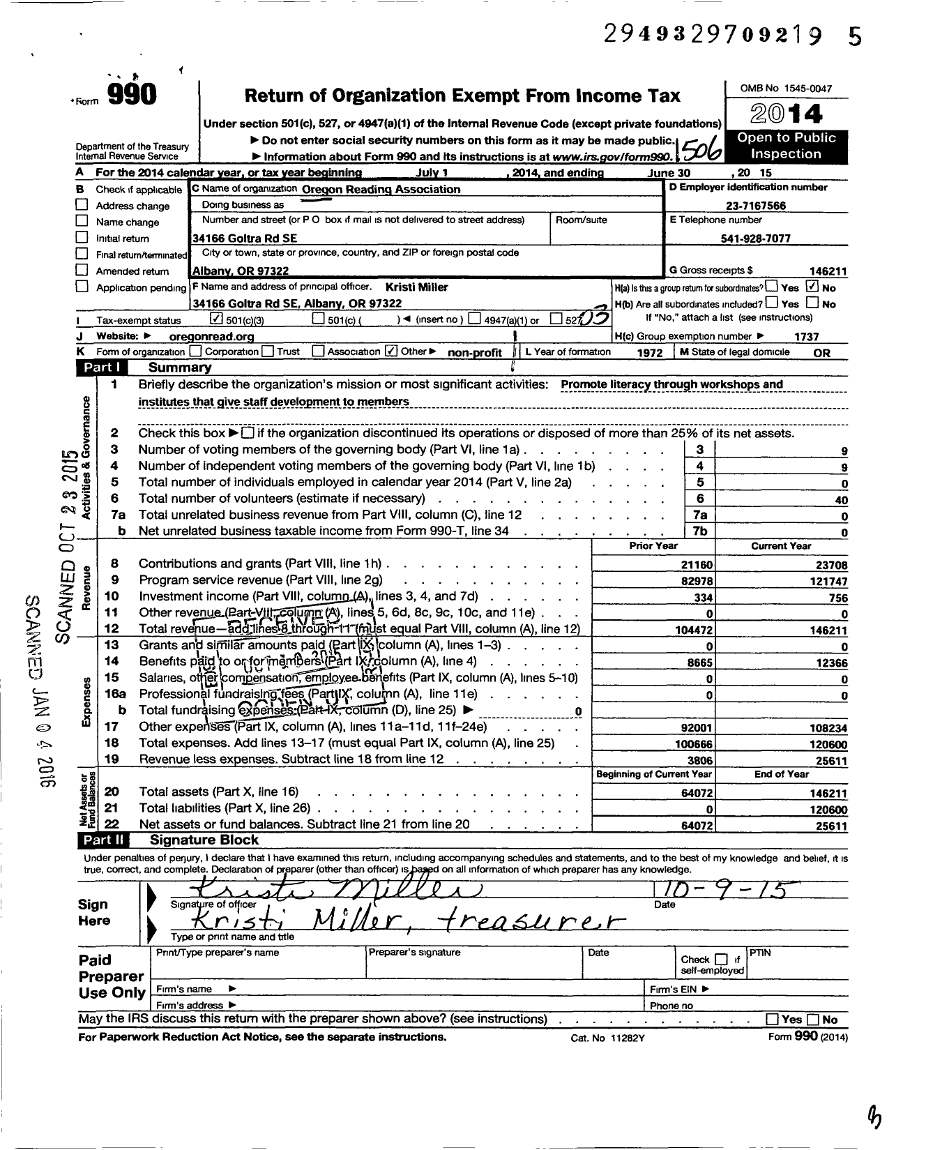 Image of first page of 2014 Form 990 for Oregon Reading Association