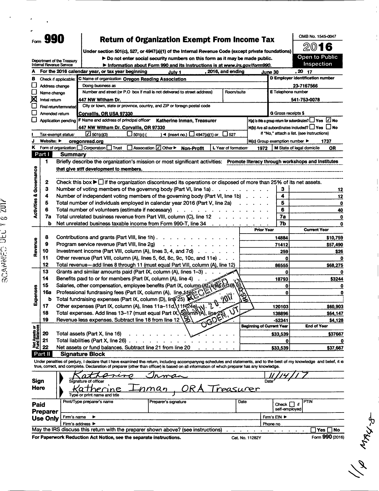 Image of first page of 2016 Form 990 for Oregon Reading Association