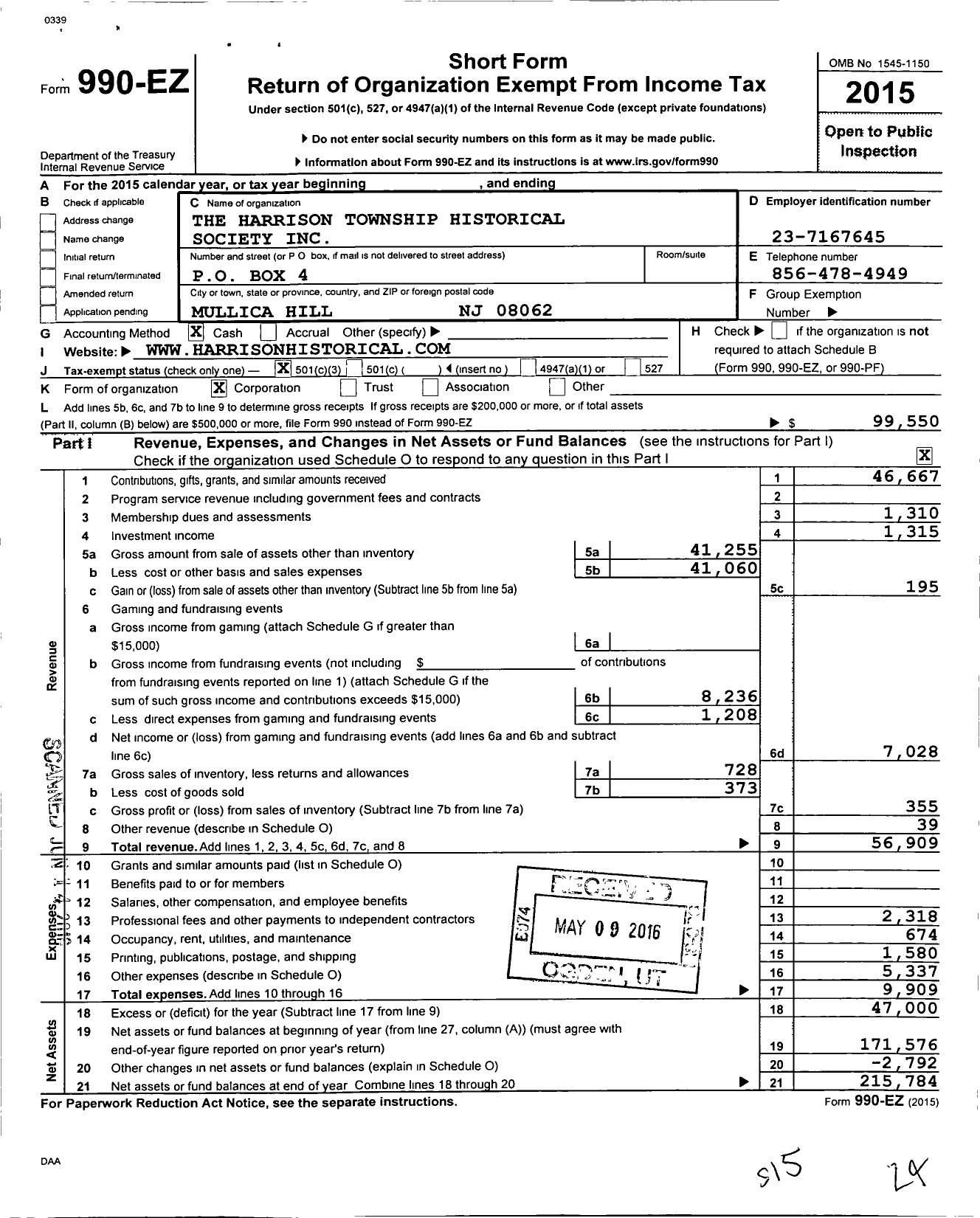 Image of first page of 2015 Form 990EZ for The Harrison Township Historical Society