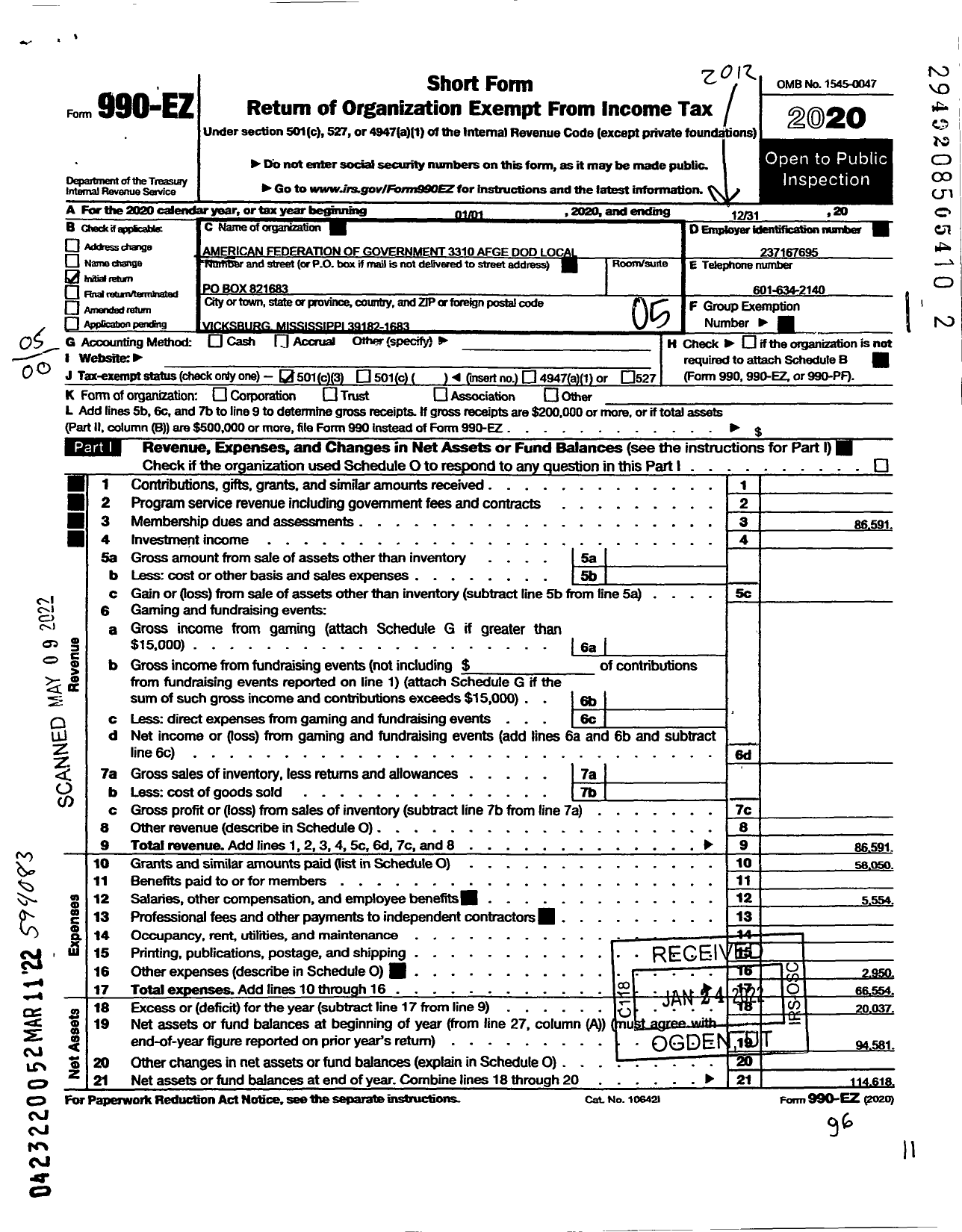 Image of first page of 2020 Form 990EO for American Federation of Government Employees - 3310 Afge Dod Local