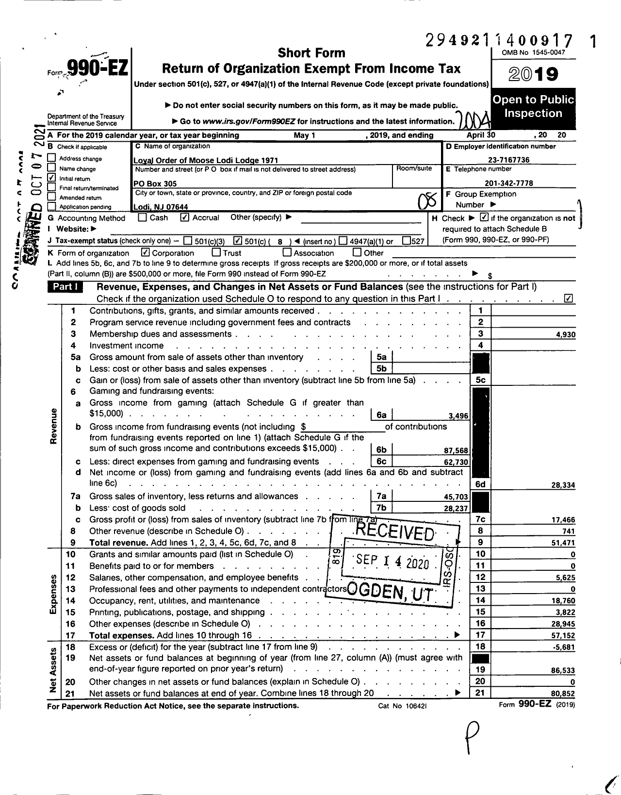 Image of first page of 2019 Form 990EO for Loyal Order of Moose - 1971