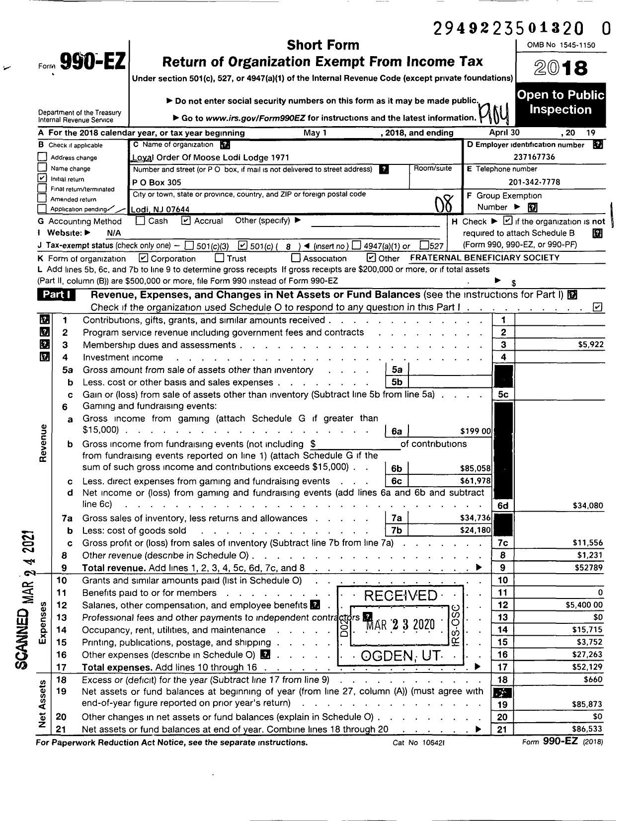 Image of first page of 2018 Form 990EO for Loyal Order of Moose - 1971