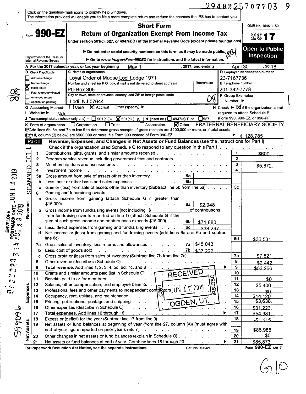 Image of first page of 2017 Form 990EO for Loyal Order of Moose - 1971