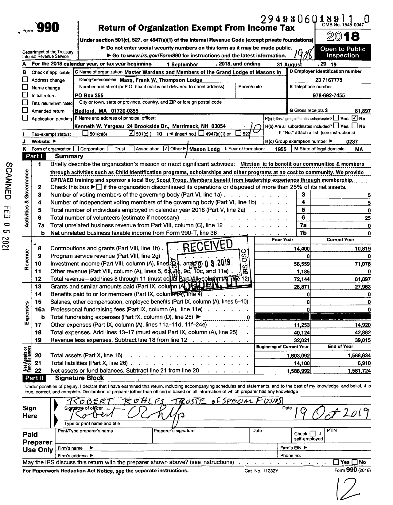 Image of first page of 2018 Form 990O for Massachusetts Freemasons - Frank W Thompson LODGE