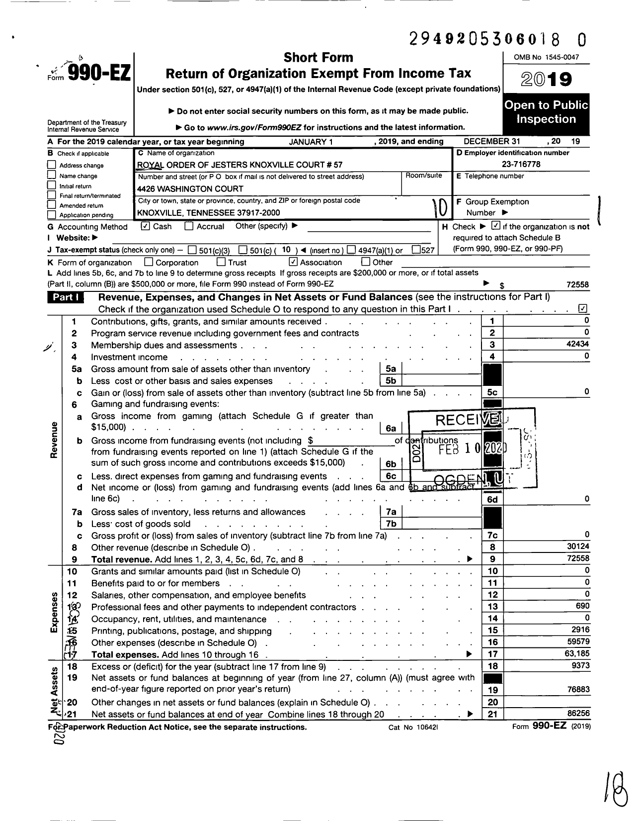 Image of first page of 2019 Form 990EO for Royal Order of Jesters - 057 Knoxville Court