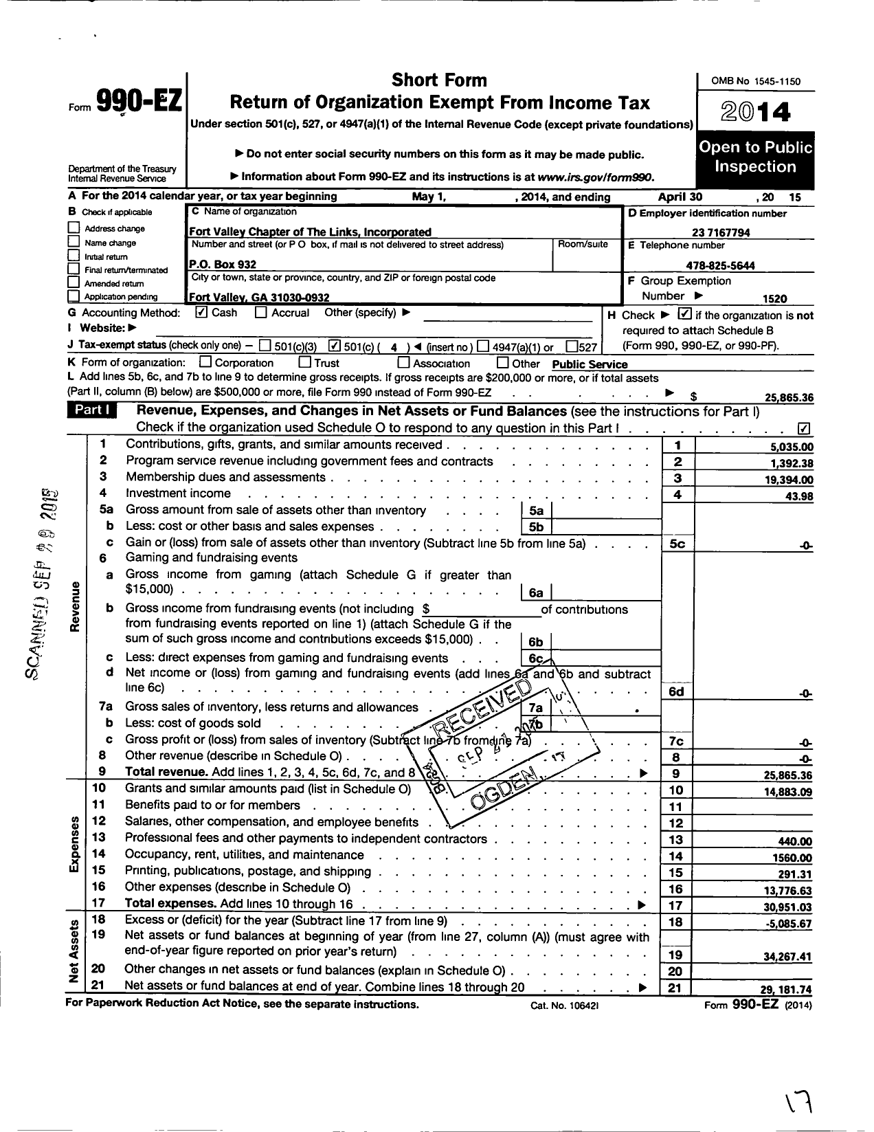 Image of first page of 2014 Form 990EO for Links / Fort Valley Chapter