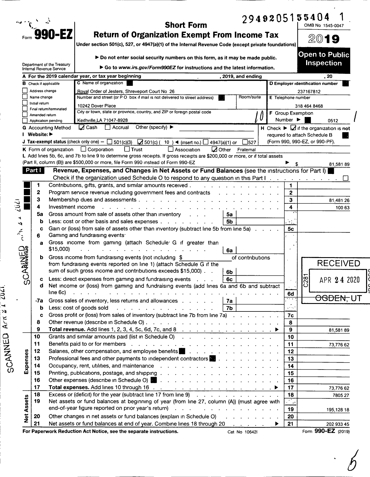 Image of first page of 2019 Form 990EO for Royal Order of Jesters - 026 Shreveport Court