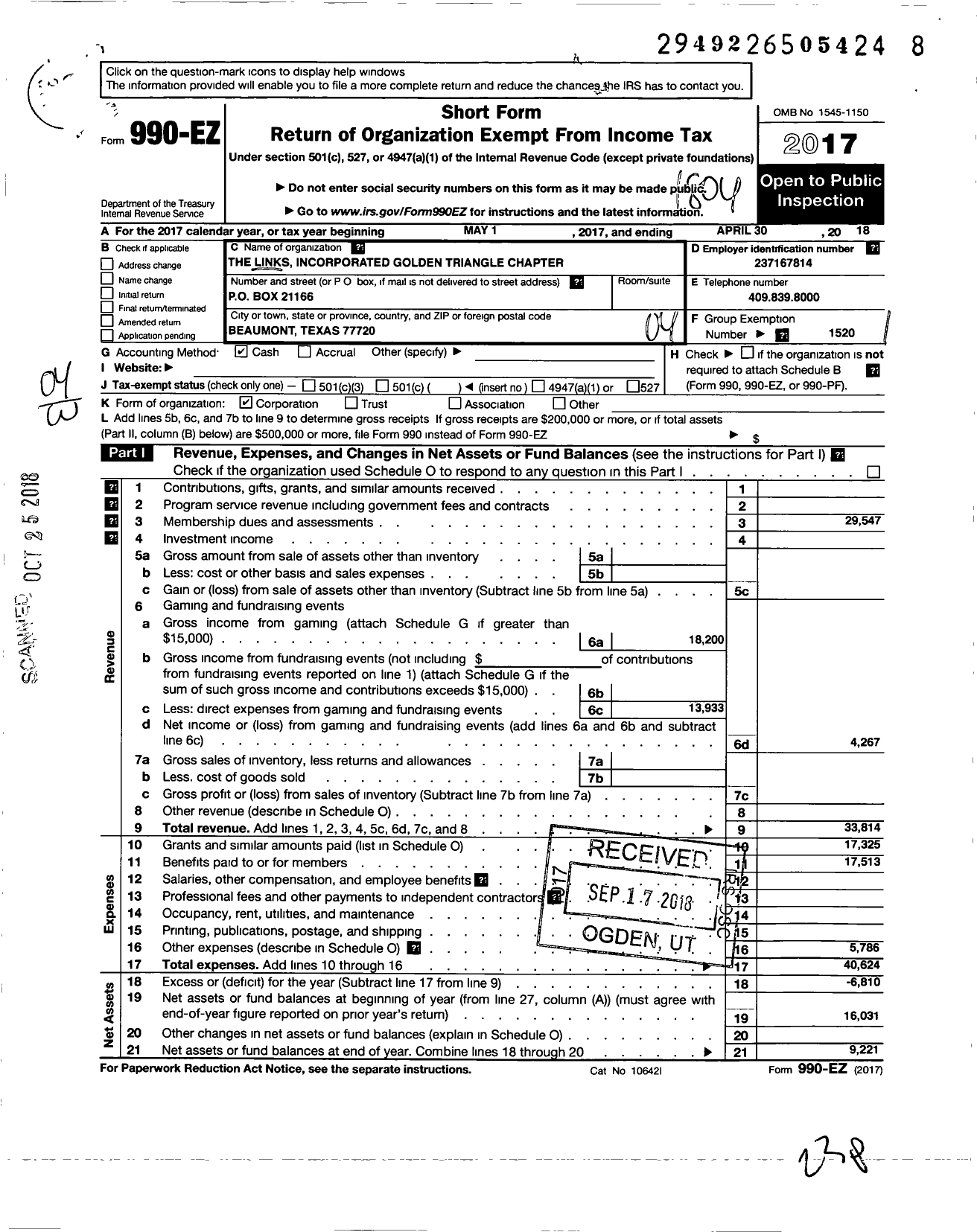 Image of first page of 2017 Form 990EO for Links Incorporated / Golden Triangle Chapter