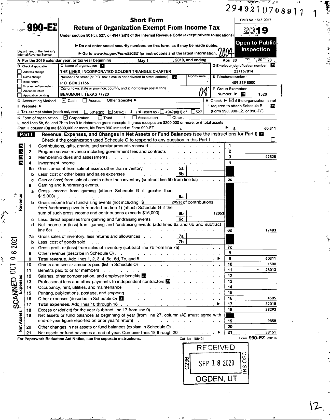 Image of first page of 2019 Form 990EO for Links Incorporated / Golden Triangle Chapter