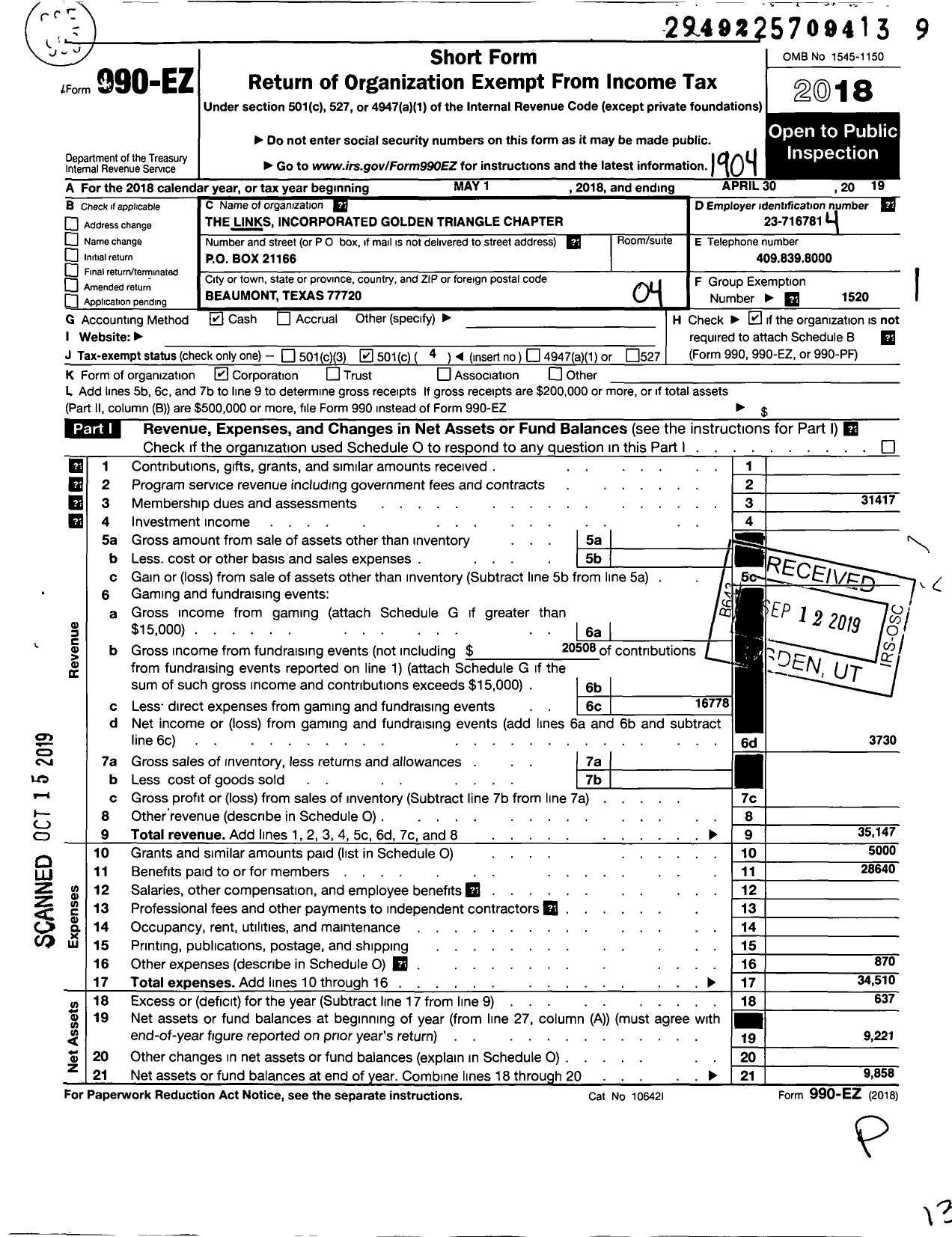 Image of first page of 2018 Form 990EO for The Golden Triangle Chapter of the Links