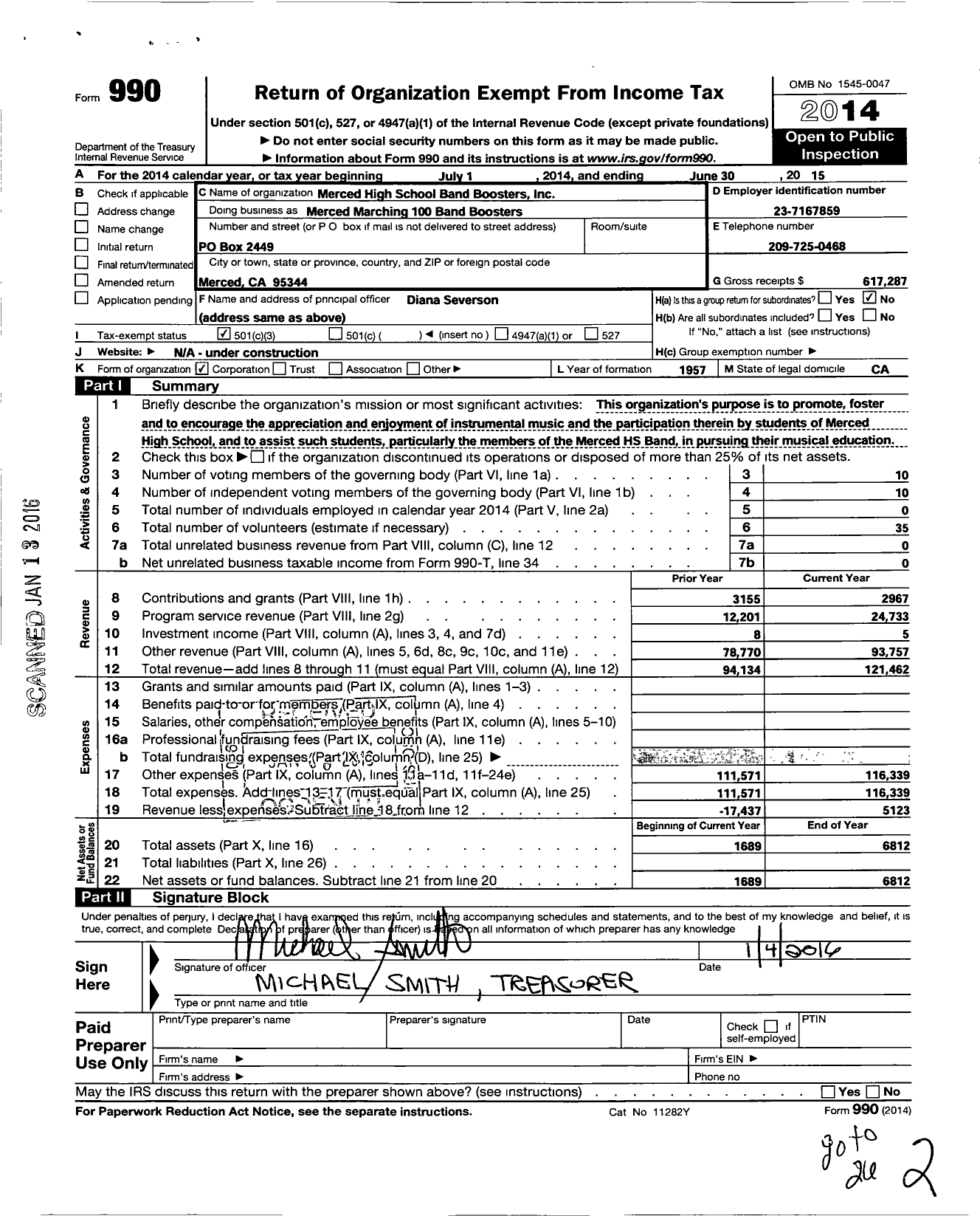 Image of first page of 2014 Form 990 for Merced High School Band Boosters