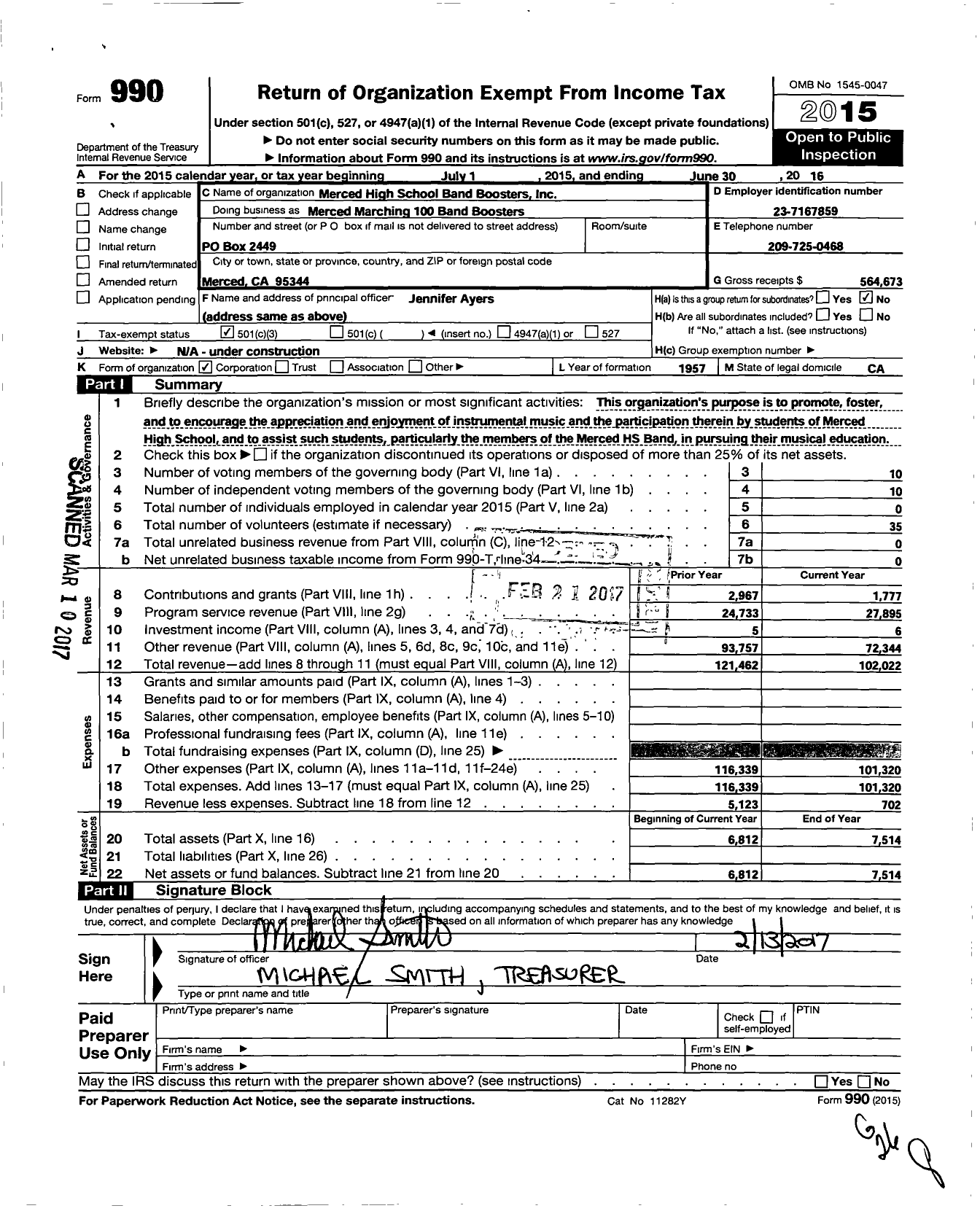 Image of first page of 2015 Form 990 for Merced High School Band Boosters