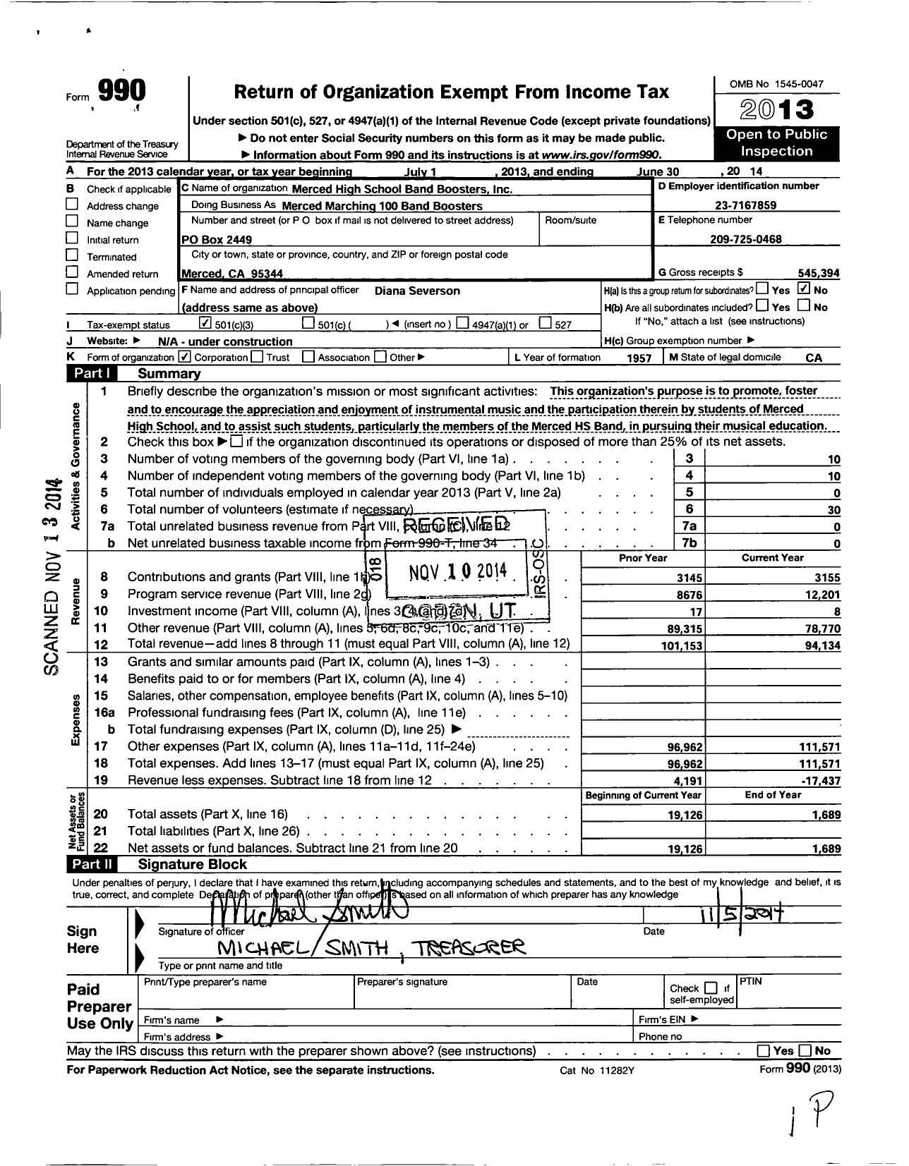 Image of first page of 2013 Form 990 for Merced High School Band Boosters