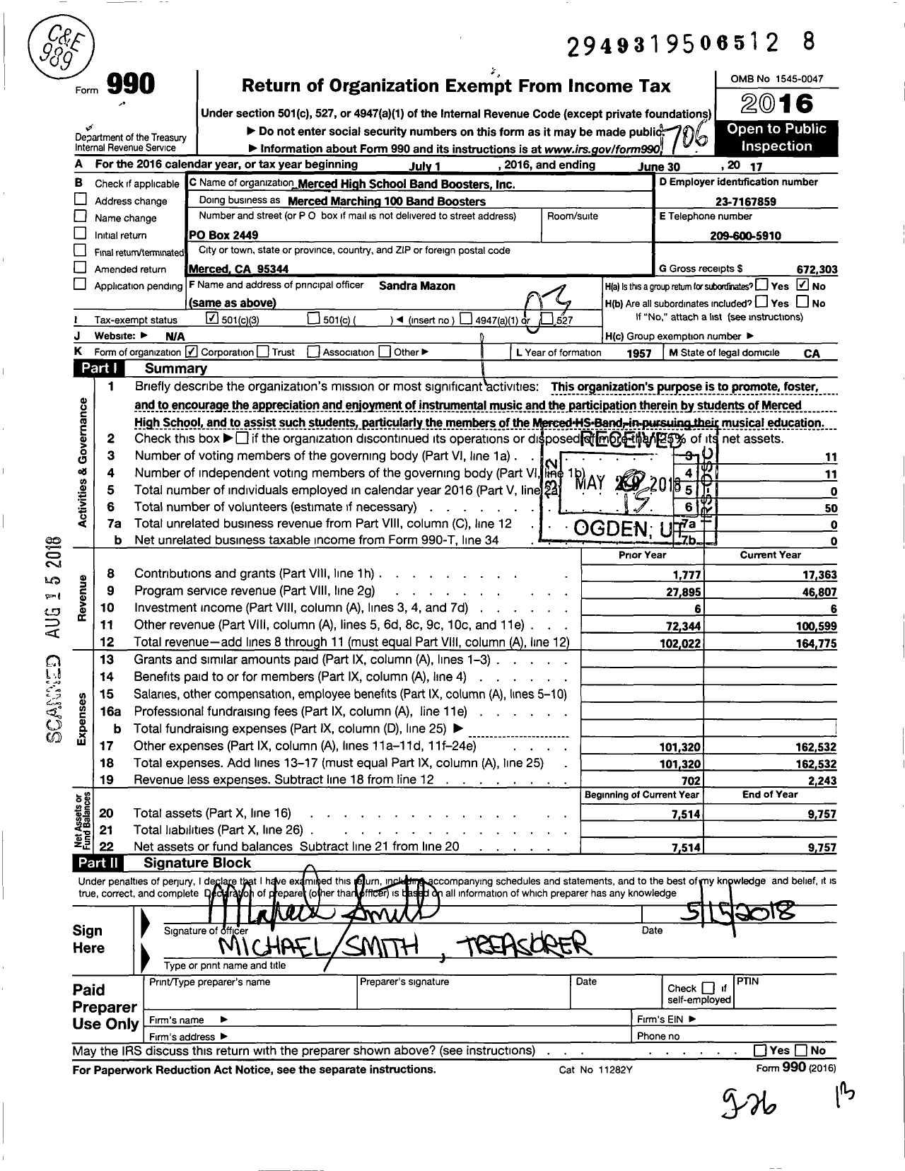 Image of first page of 2016 Form 990 for Merced High School Band Boosters