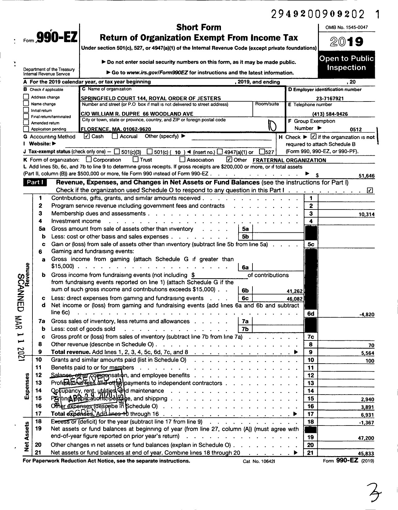 Image of first page of 2019 Form 990EO for Royal Order of Jesters - 144 Springfield Court