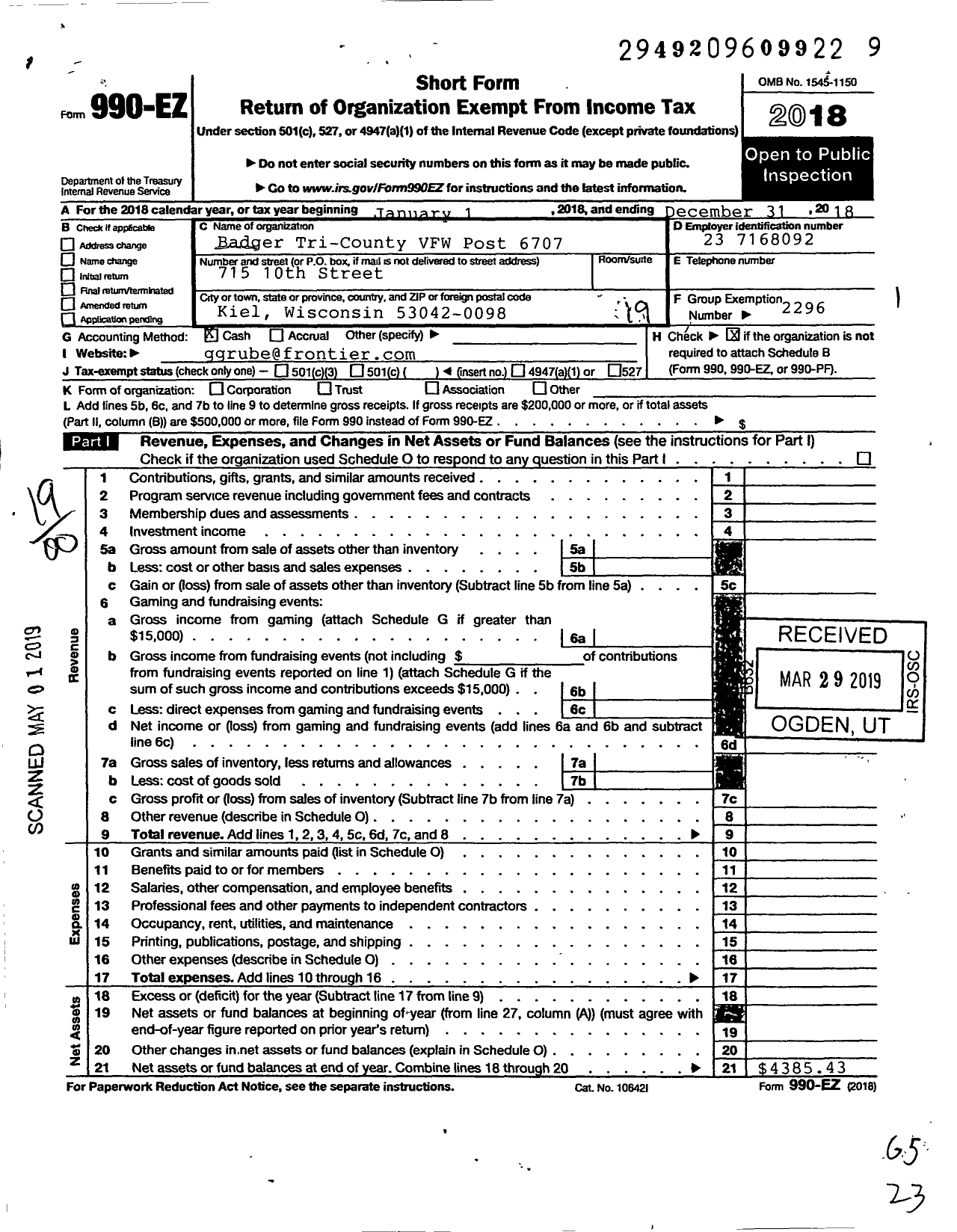 Image of first page of 2018 Form 990EO for VFW Wi - 6707 Badger Tri County