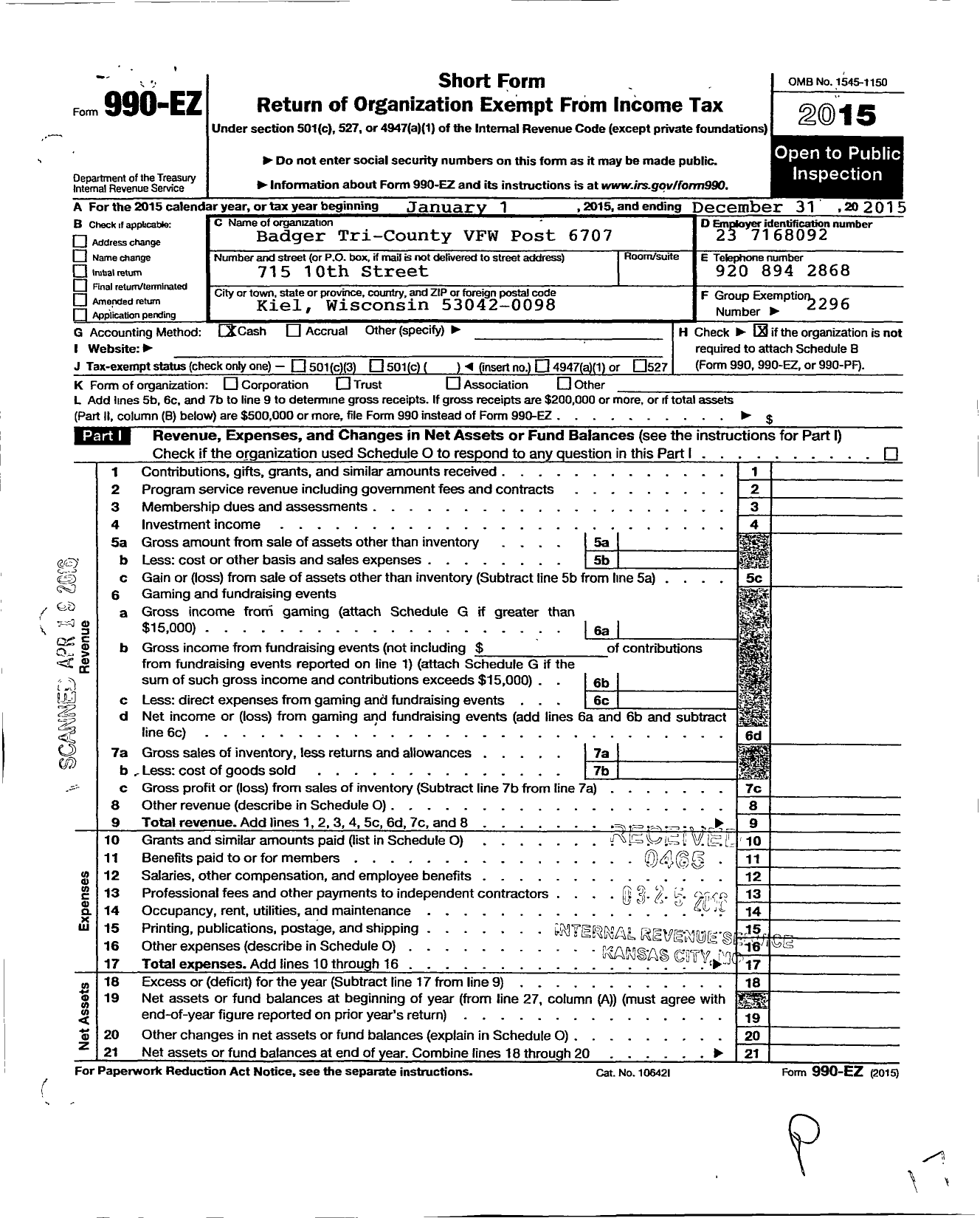 Image of first page of 2015 Form 990EO for VFW Wi - 6707 Badger Tri County