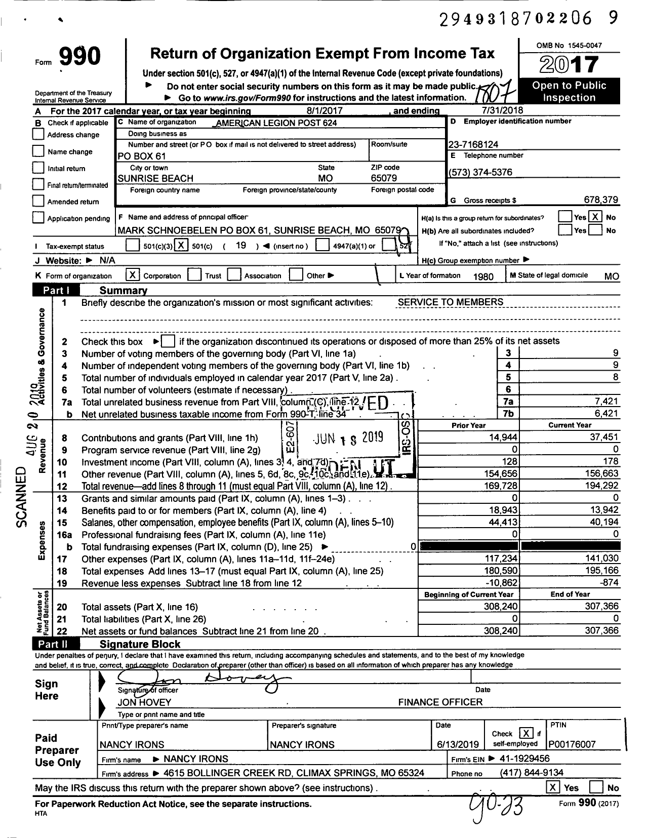 Image of first page of 2017 Form 990O for American Legion - 624 Zachariah Davis Wheat Sunrise