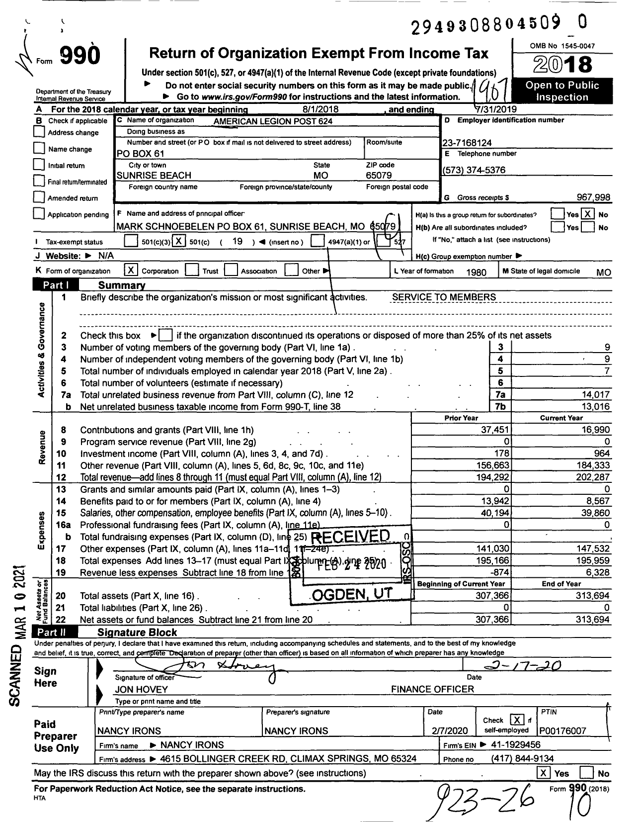 Image of first page of 2018 Form 990O for American Legion - 624 Zachariah Davis Wheat Sunrise