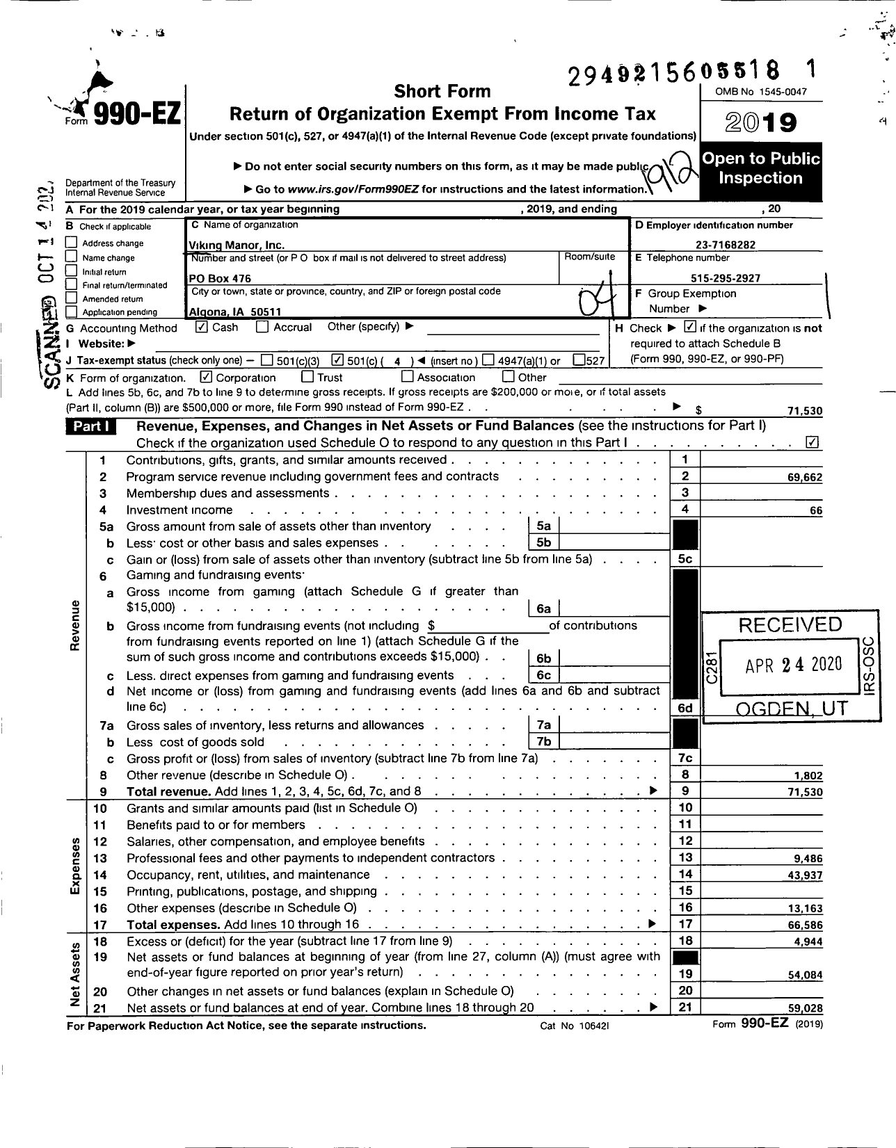 Image of first page of 2019 Form 990EO for Viking Manor