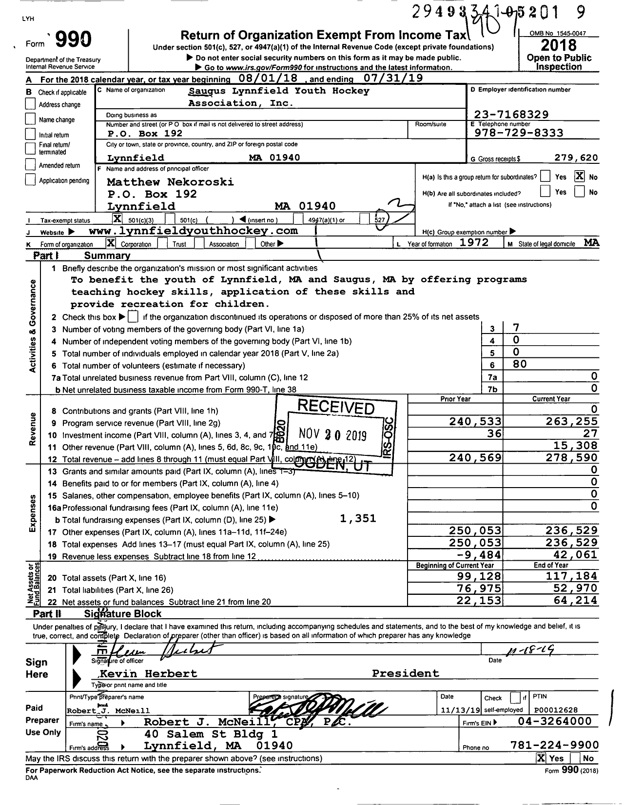 Image of first page of 2018 Form 990 for Saugus Lynnfield Youth Hockey Association