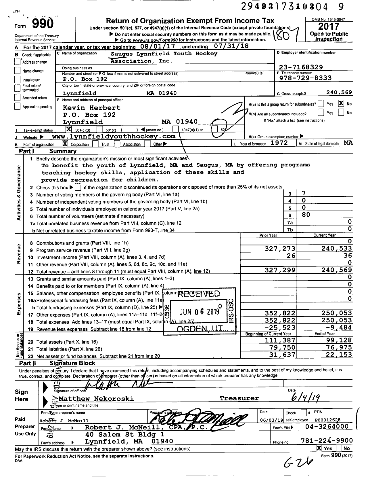 Image of first page of 2017 Form 990 for Saugus Lynnfield Youth Hockey Association