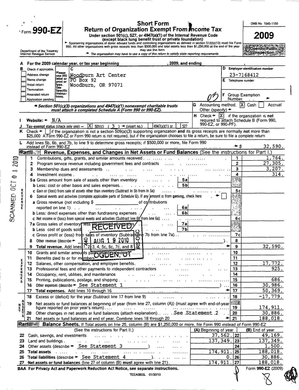 Image of first page of 2009 Form 990EZ for Woodburn Art Center