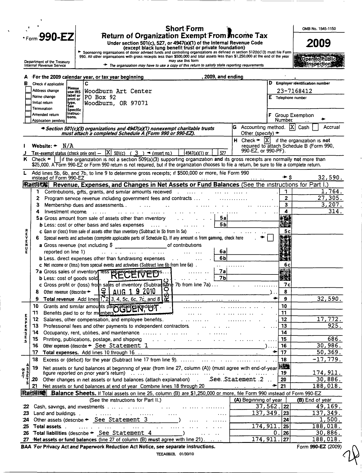 Image of first page of 2009 Form 990EZ for Woodburn Art Center