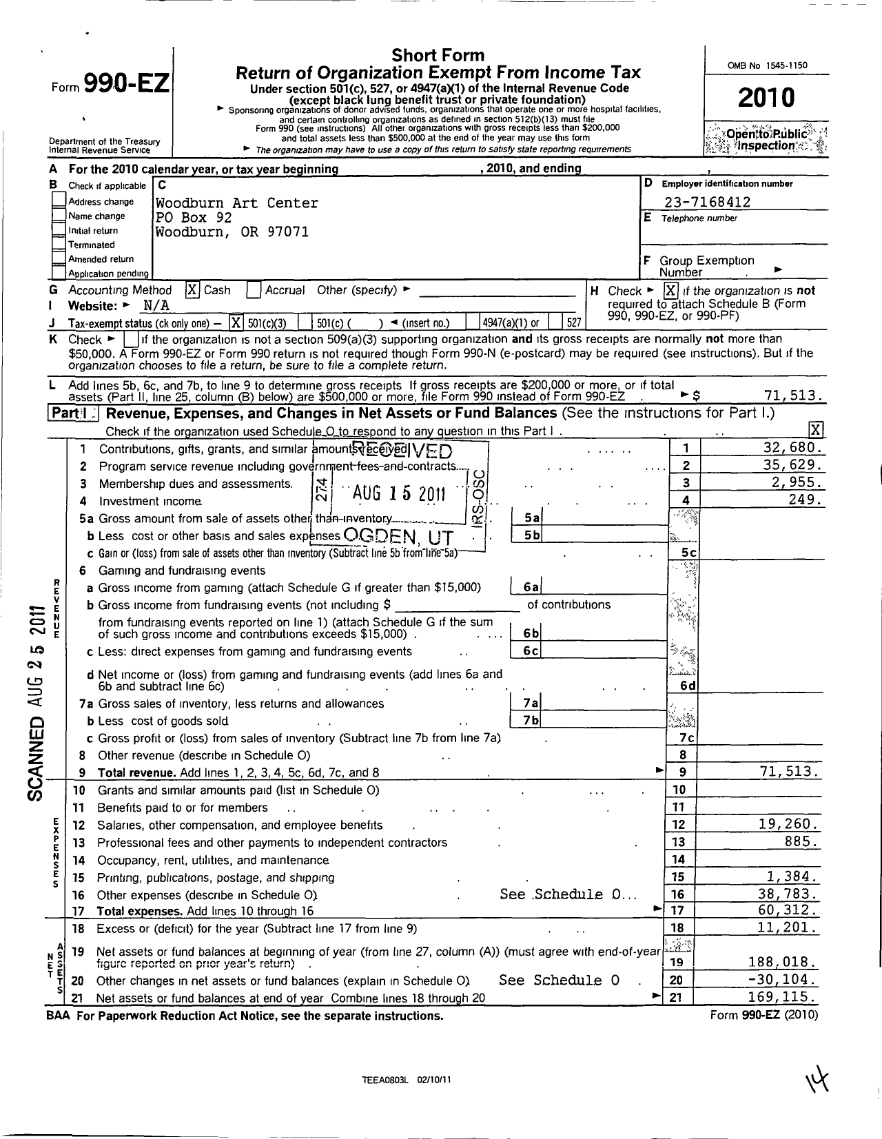 Image of first page of 2010 Form 990EZ for Woodburn Art Center