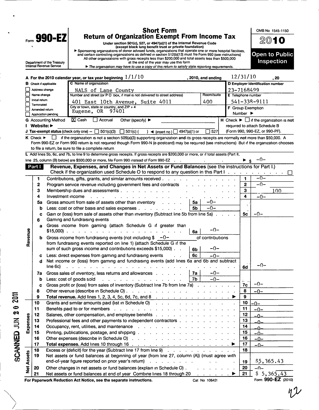 Image of first page of 2010 Form 990EO for Nals