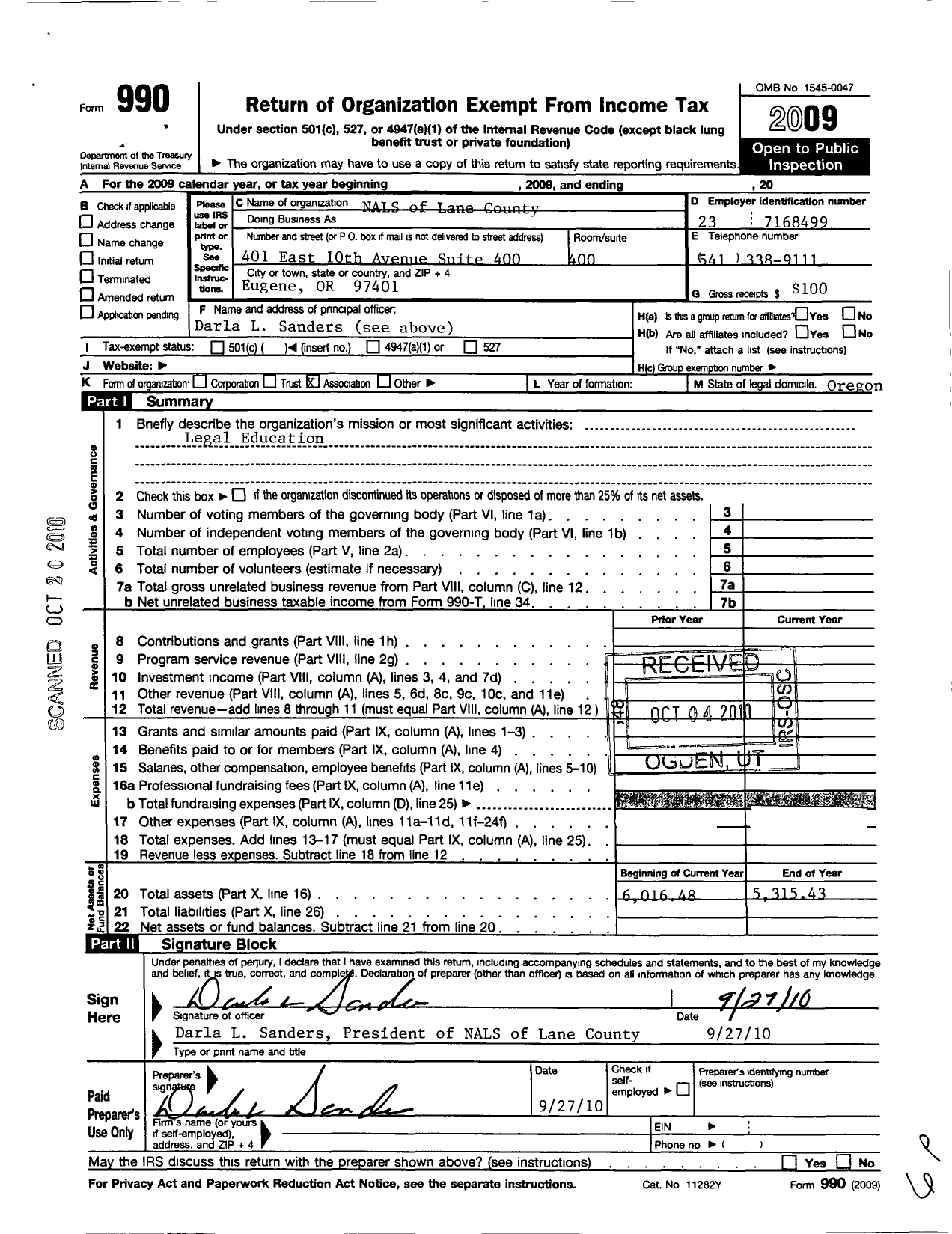 Image of first page of 2009 Form 990EO for Nals