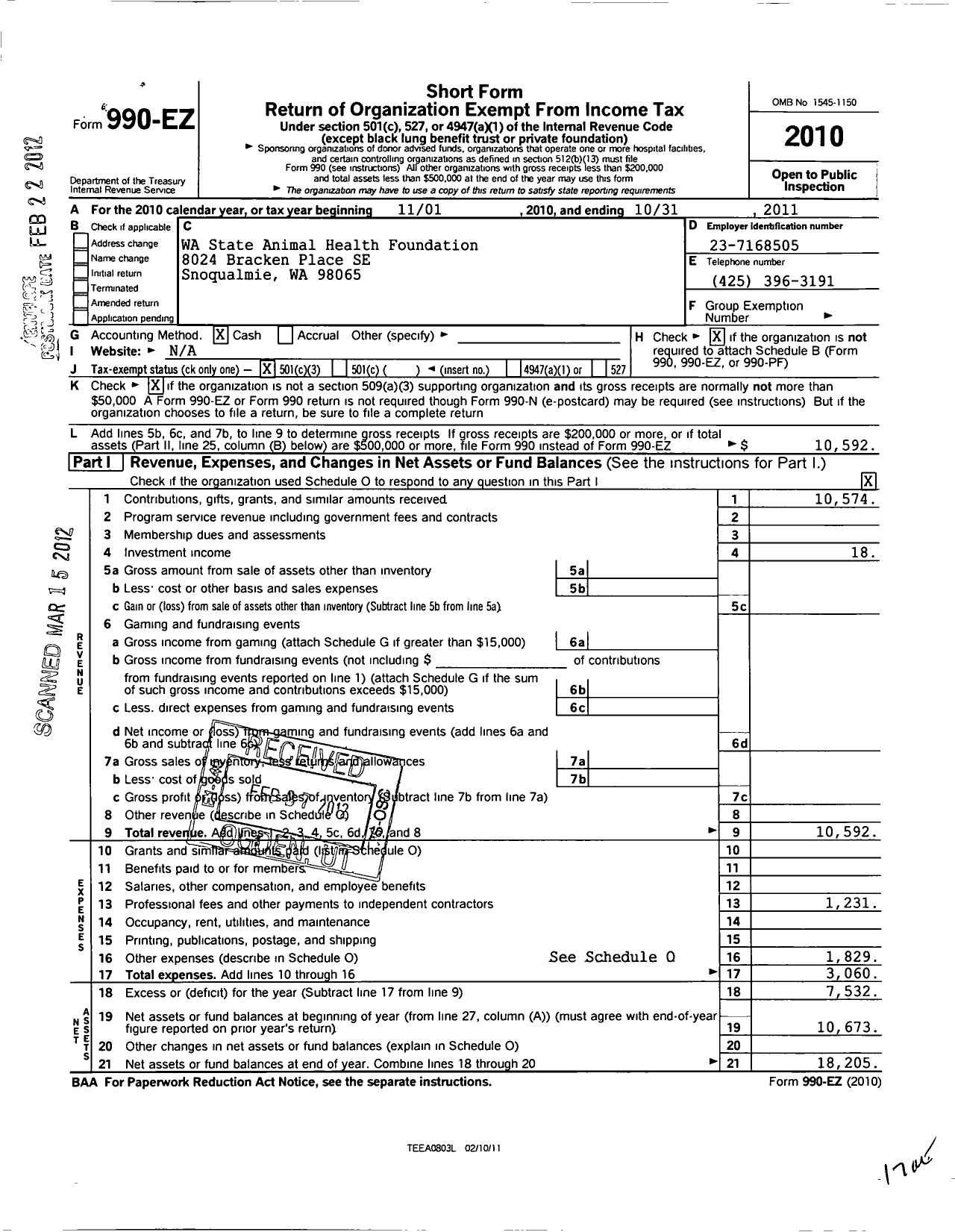 Image of first page of 2010 Form 990EZ for Washington State Animal Health Foundation