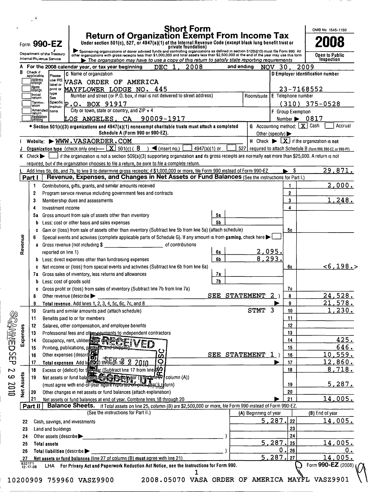 Image of first page of 2008 Form 990EO for Vasa Order of America - 445 Mayflower