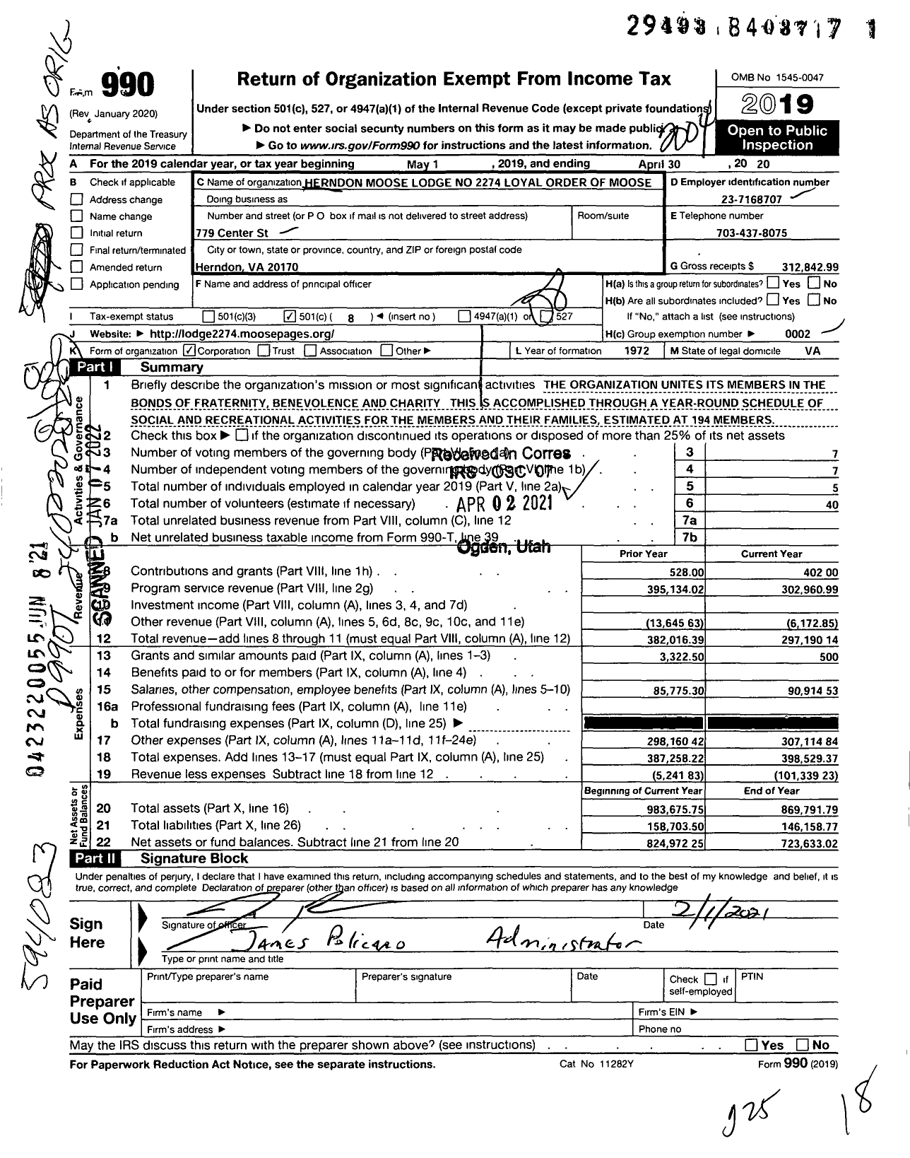 Image of first page of 2019 Form 990O for Loyal Order of Moose - 2274