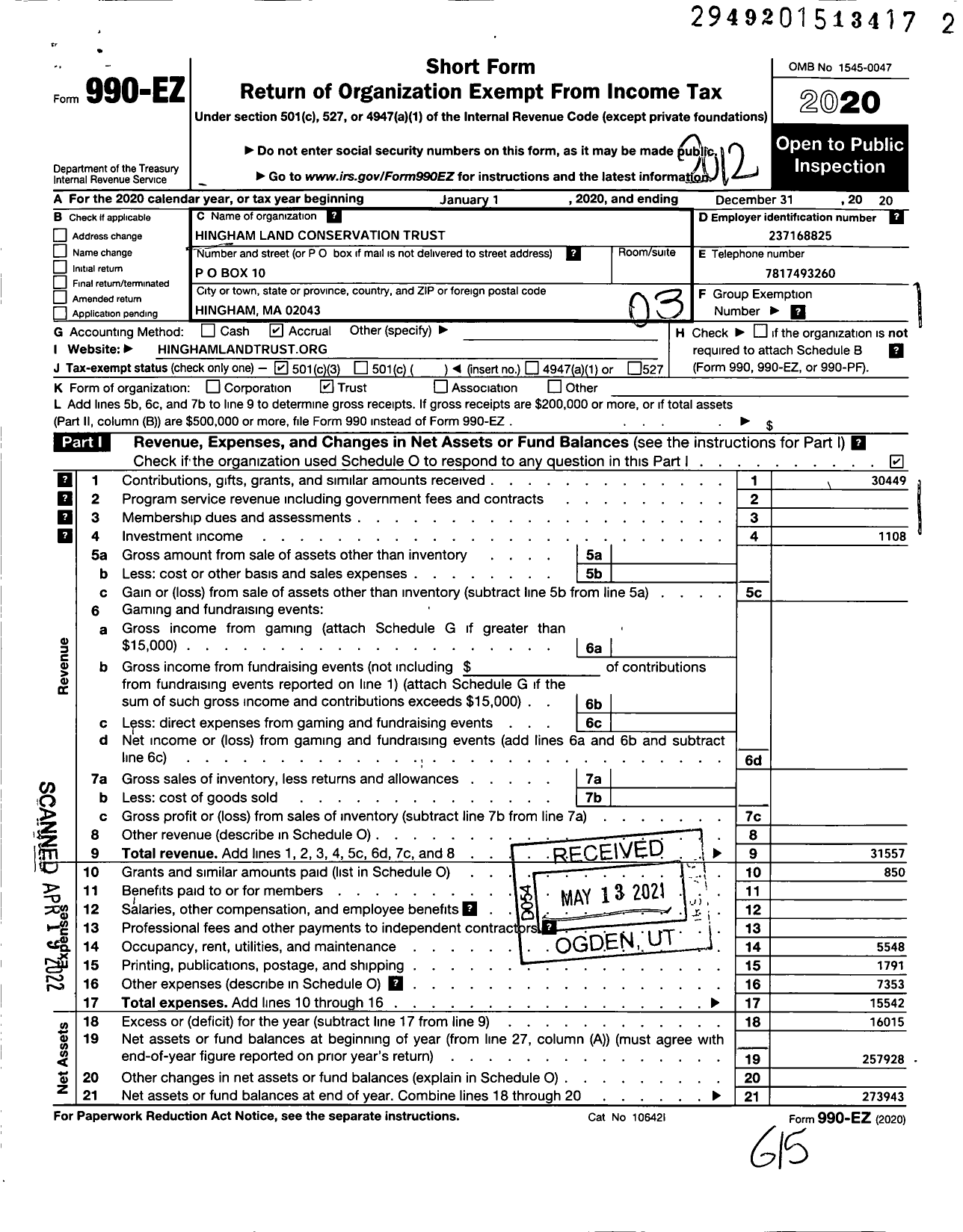 Image of first page of 2020 Form 990EZ for Hingham Land Conservation Trust