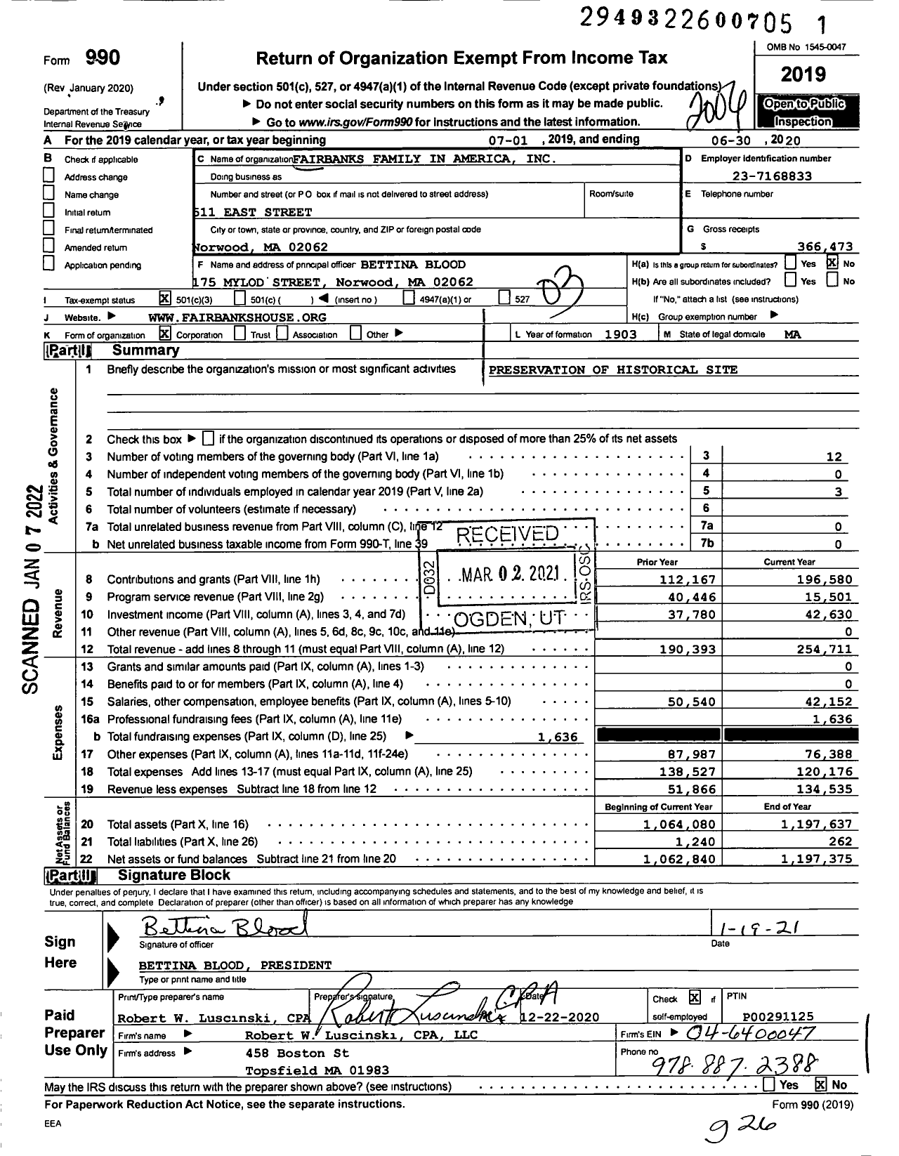 Image of first page of 2019 Form 990 for Fairbanks Family in America