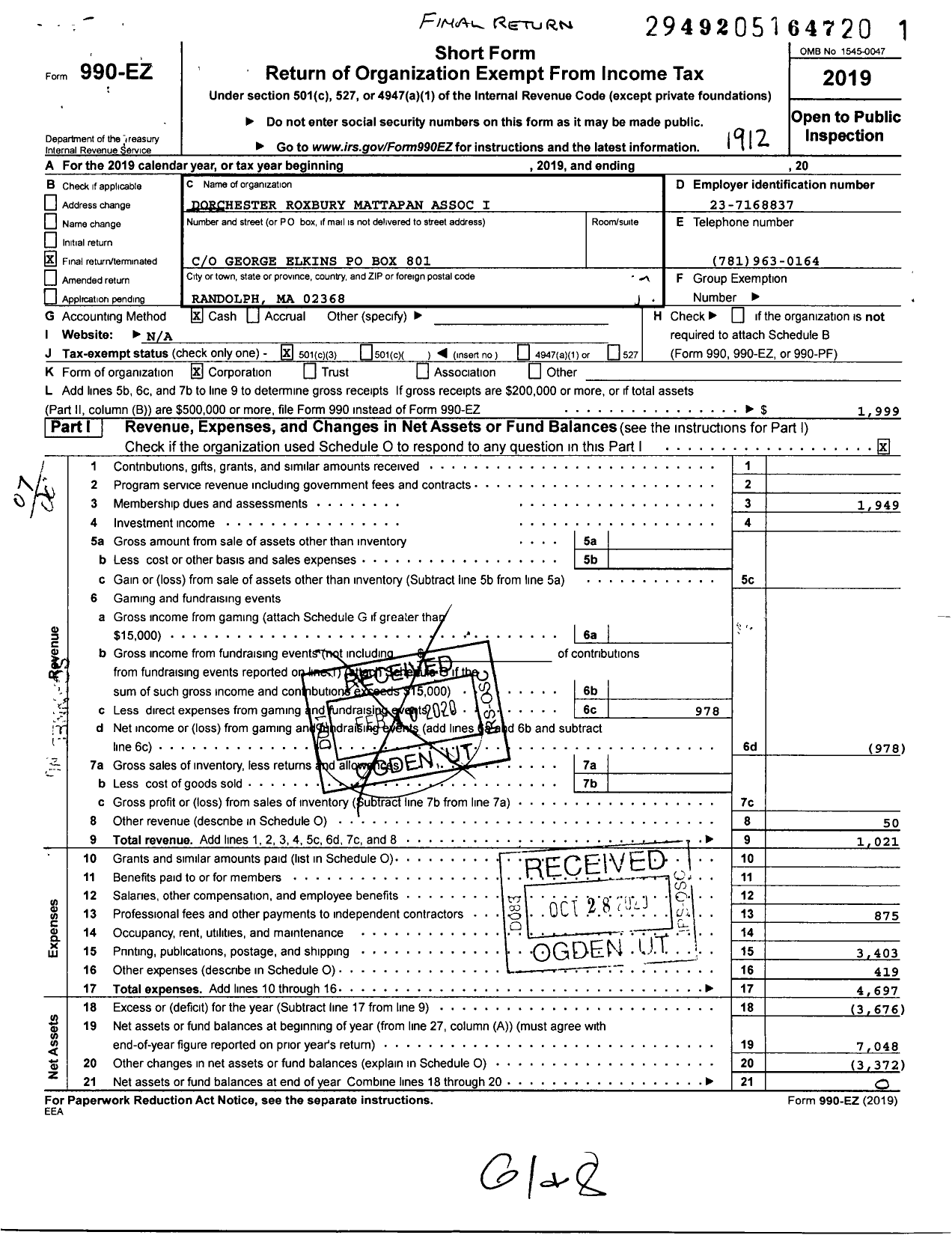 Image of first page of 2019 Form 990EO for Dorchester Roxbury Mattapan Association I