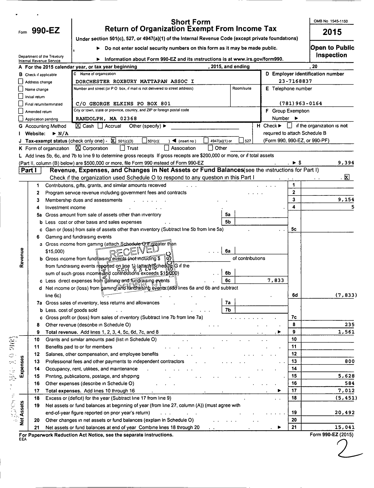 Image of first page of 2015 Form 990EZ for Dorchester Roxbury Mattapan Association I