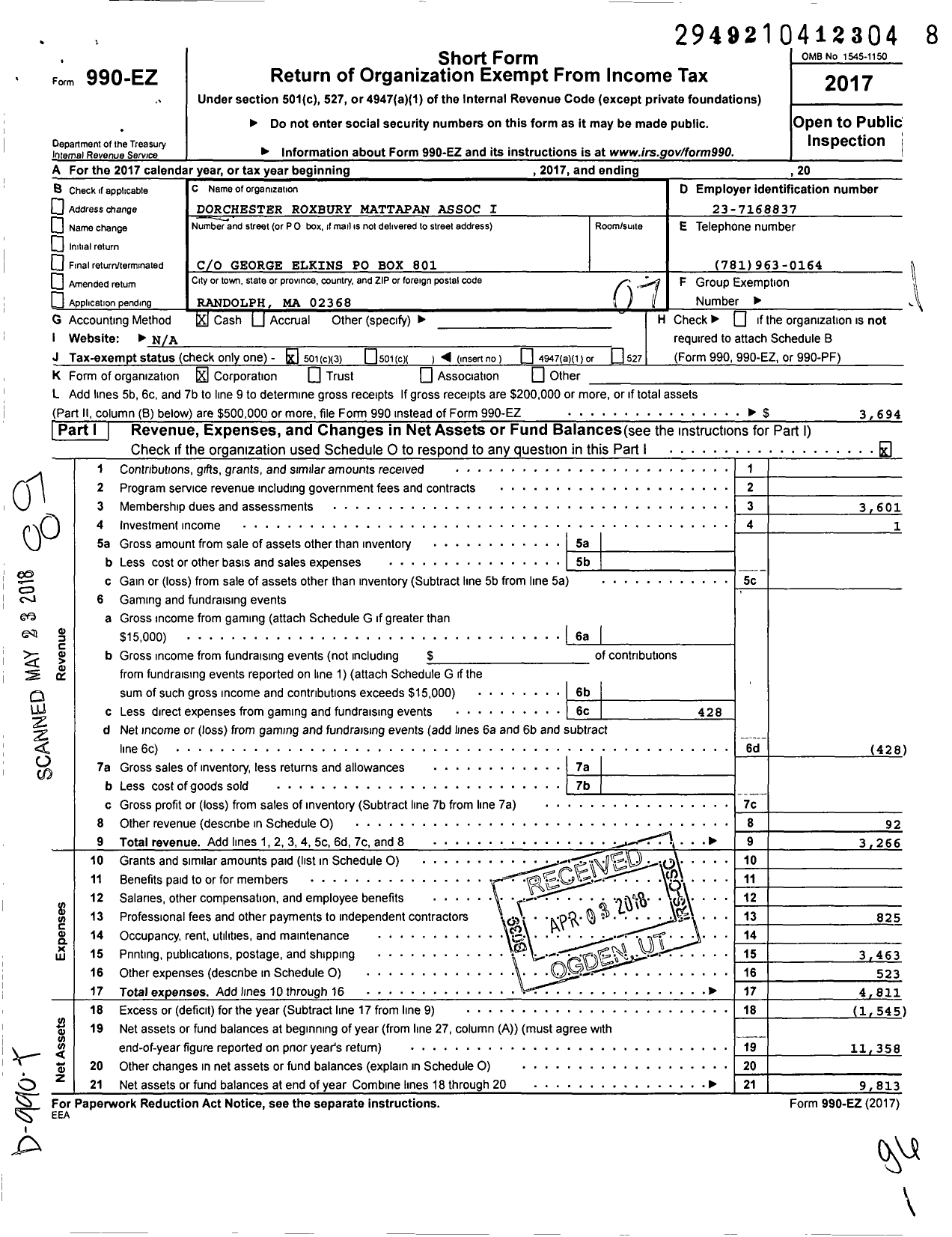 Image of first page of 2017 Form 990EO for Dorchester Roxbury Mattapan Association I